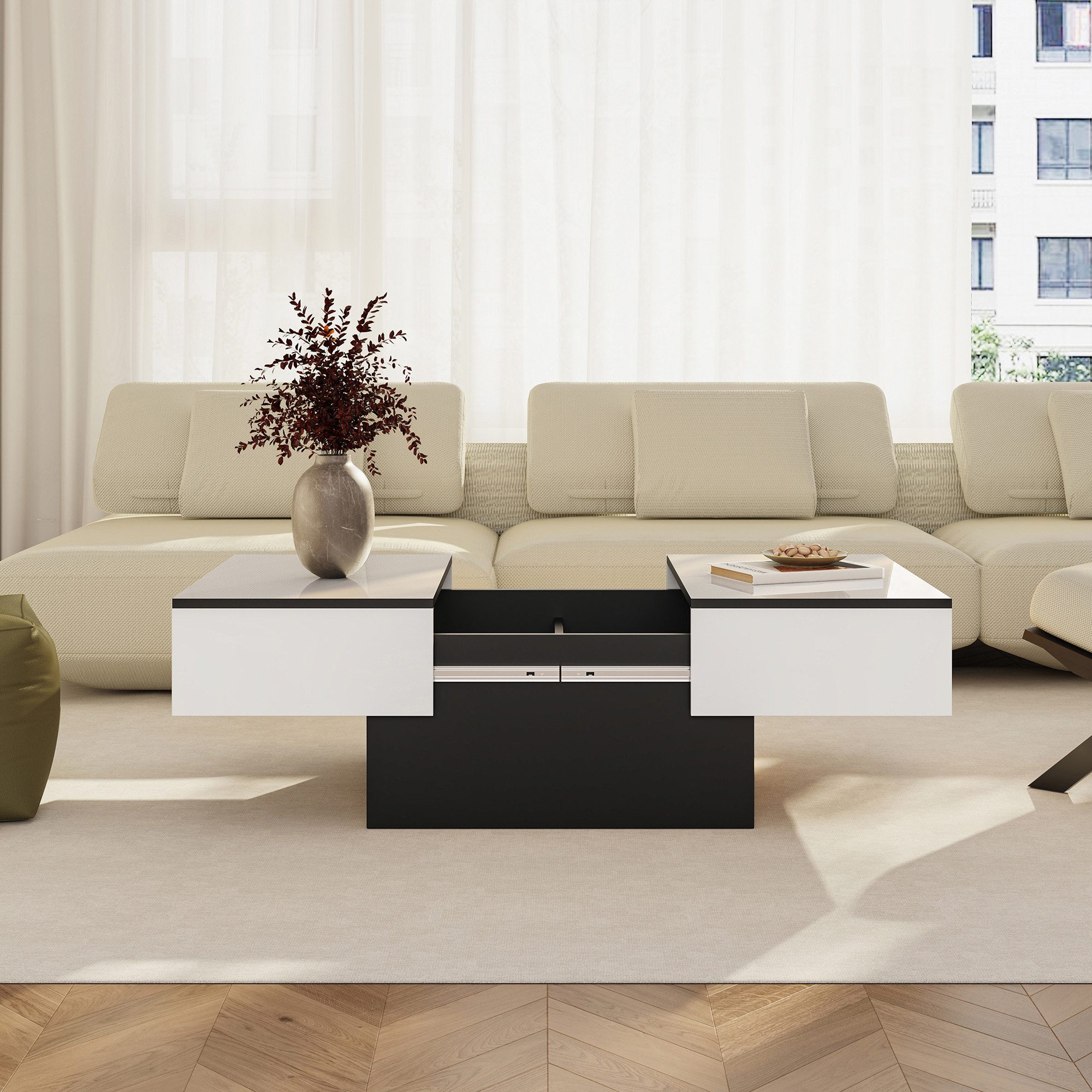 en.casa Couchtisch, ausziehbar »Lens« mit Stauraum 80x60x36 cm Schwarz/Weiß günstig online kaufen
