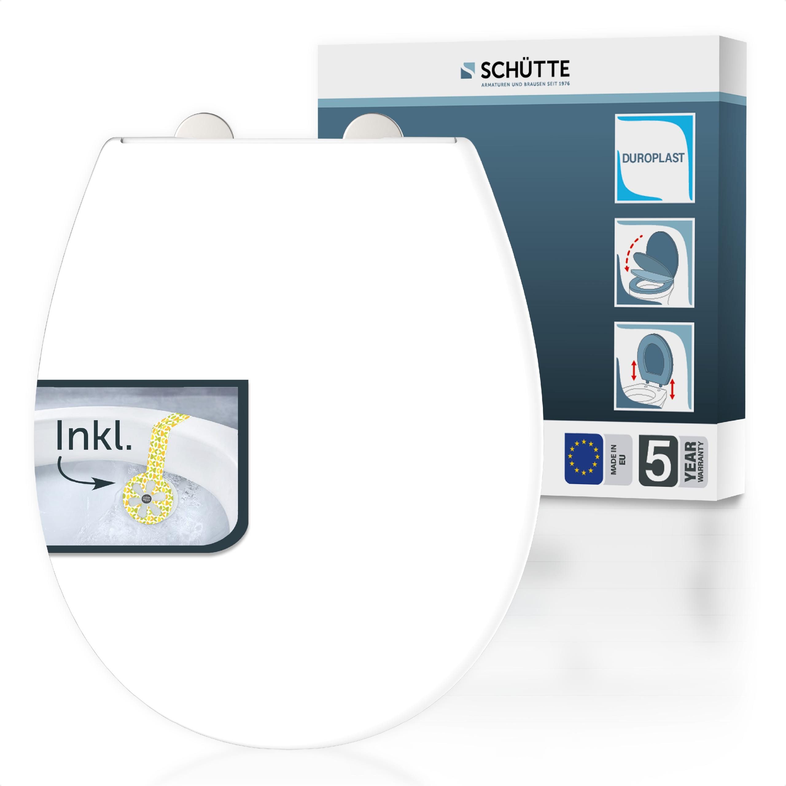 Schütte WC-Sitz Duroplast, WHITE (WC-Sitz, Befestigungsmaterial, Montageanleitung), mit Absenkautomatik und Schnellverschluss, inklusive Duftstein