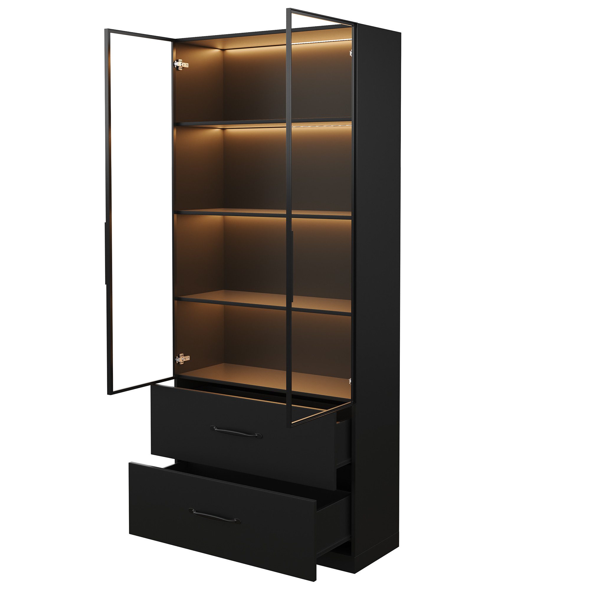 Celya Vitrine Glasvitrine, Bücherregal mit Beleuchtung und Schubladen (mit Aluminiumrahmen, Hartglastüren und sanft schließenden Scharnieren) Ideal für für Wohn-, Schlaf- oder Arbeitszimmer