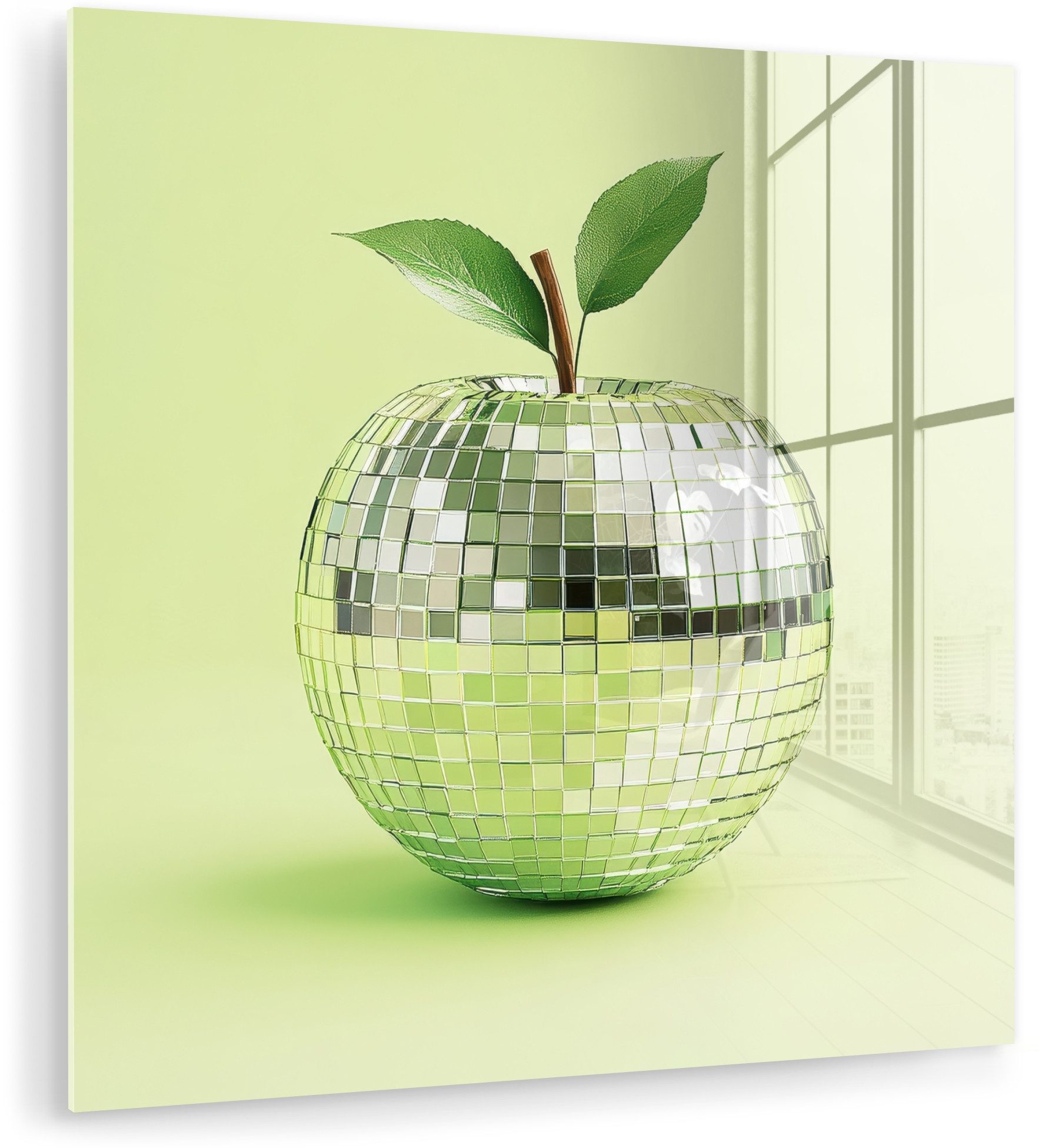 MuchoWow Acrylglasbild Grün - Disco - Dekoration - Apfel, Inkl. Aufhängung, Bilder auf Glas Wandbild, Wanddeko Wohnzimmer Badezimmer, 20x20 cm