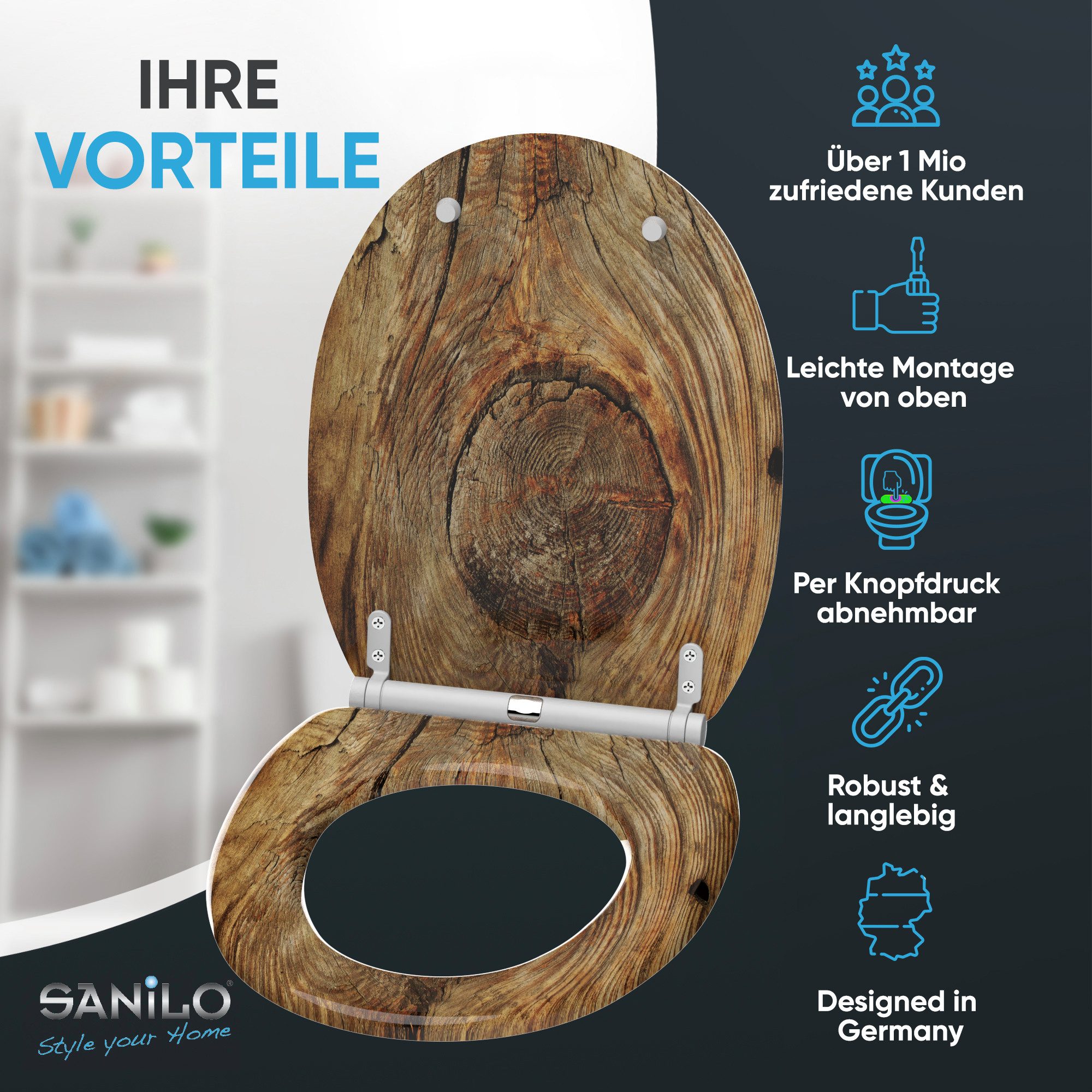 Sanilo WC-Sitz Rustikal mit Absenkautomatik & Quick Release, Premium Toilettendeckel, abnehmbar, leichte Montage von oben