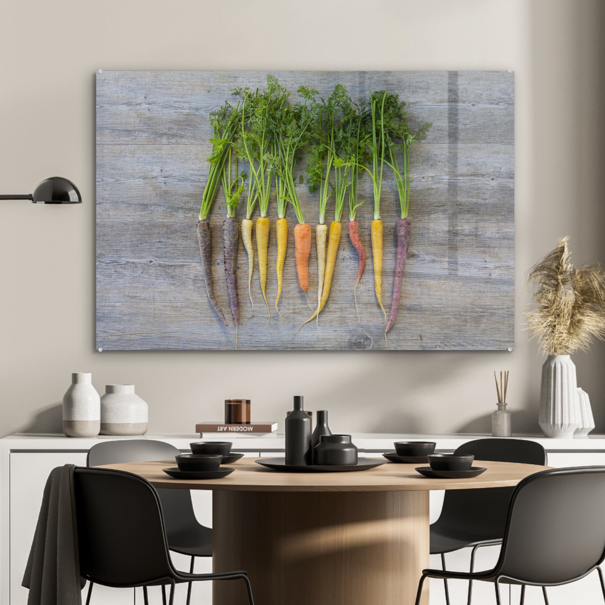 MuchoWow Acrylglasbild Bunte St), hölzernen Karotten (1 Hintergrund, Schlafzimmer einem auf Wohnzimmer & Acrylglasbilder