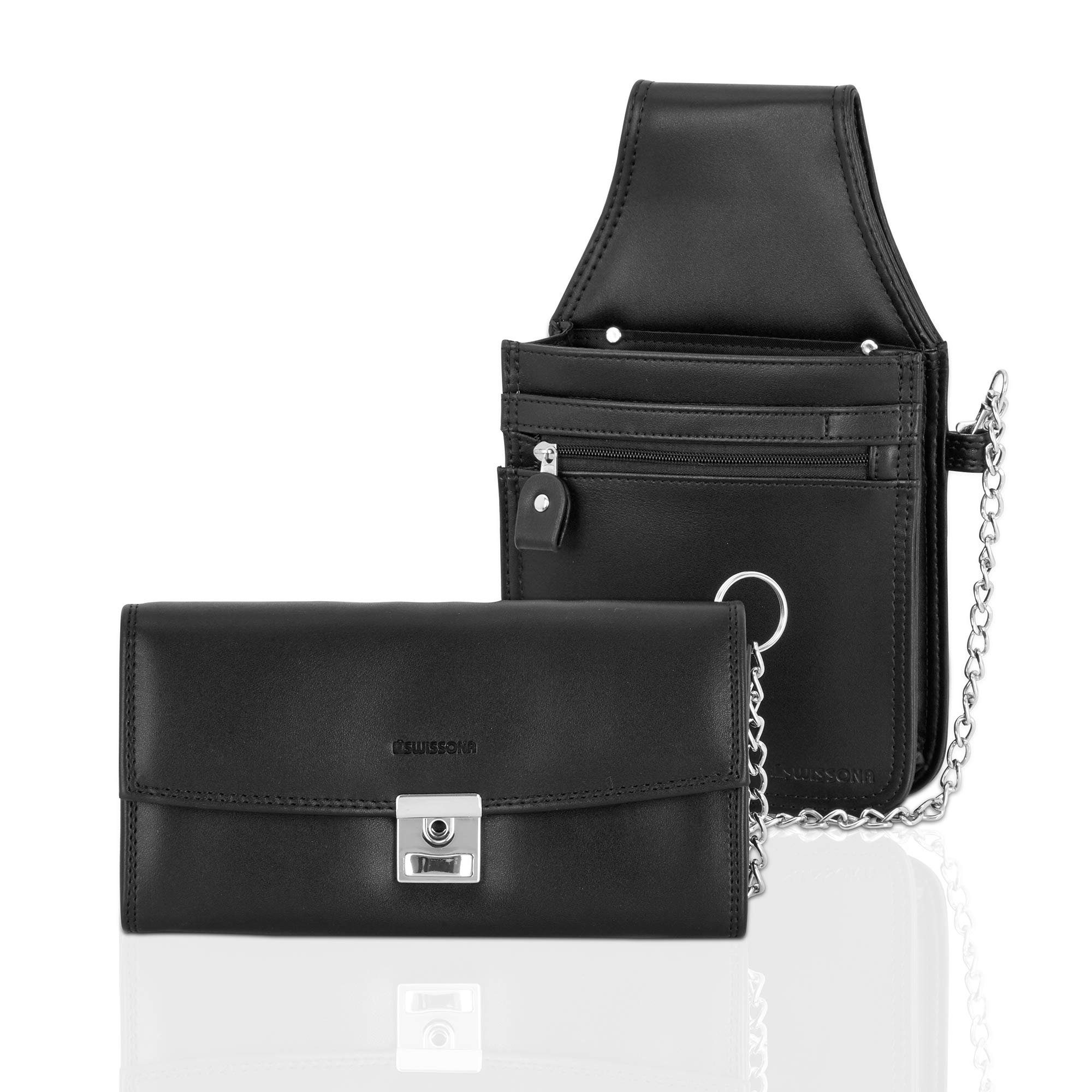 Swissona Clutch Schwarze Geldbörsentasche mit sicherer Kette für Kellner, Kellnertasche mit Kette gesichert und Geldbeutel, schwarz