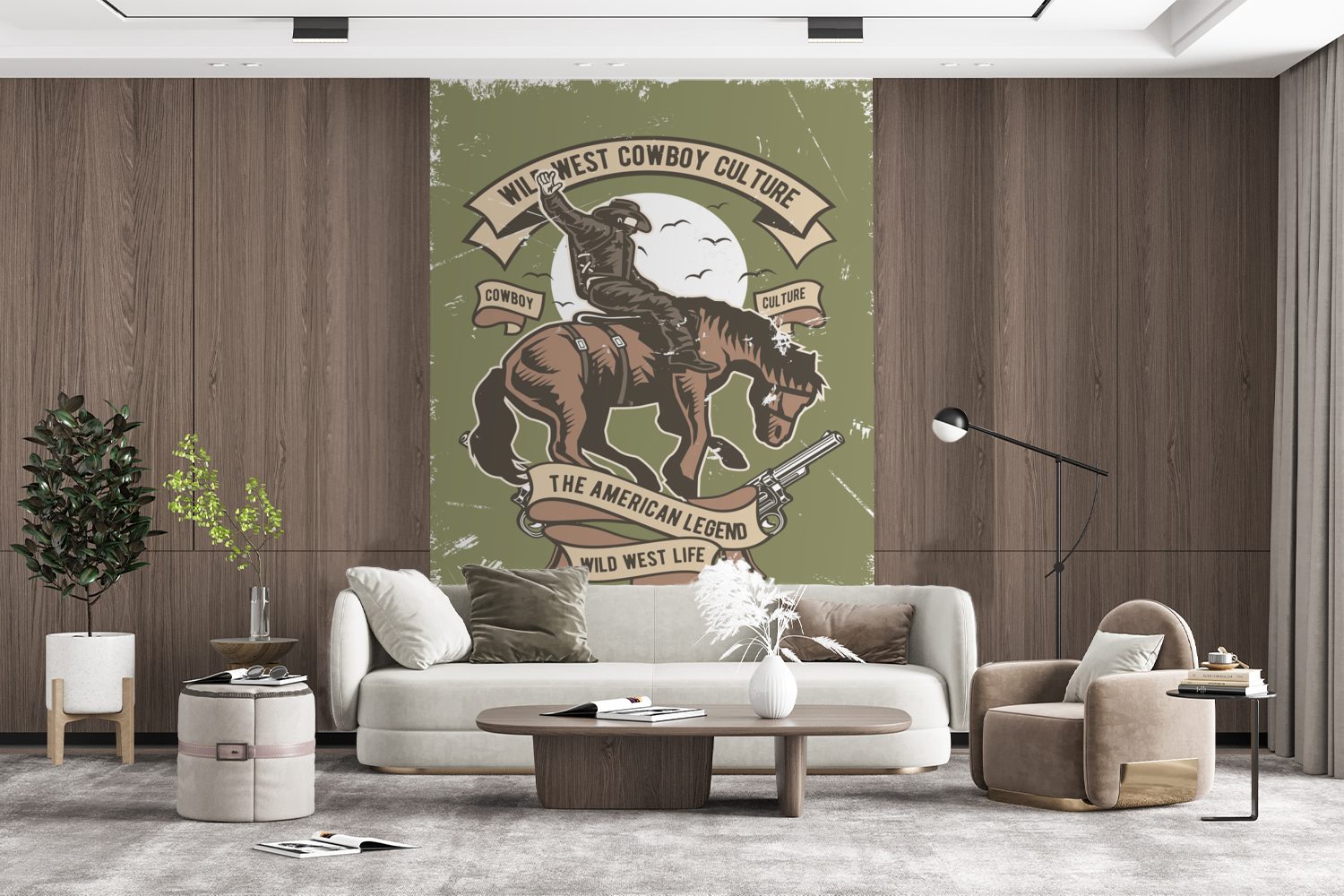 MuchoWow Fototapete Pferd - Cowboy Wohnzimmer, Montagefertig Wandtapete für Zeichnung, Vintage (3 - Matt, - bedruckt, Vinyl Tapete St)