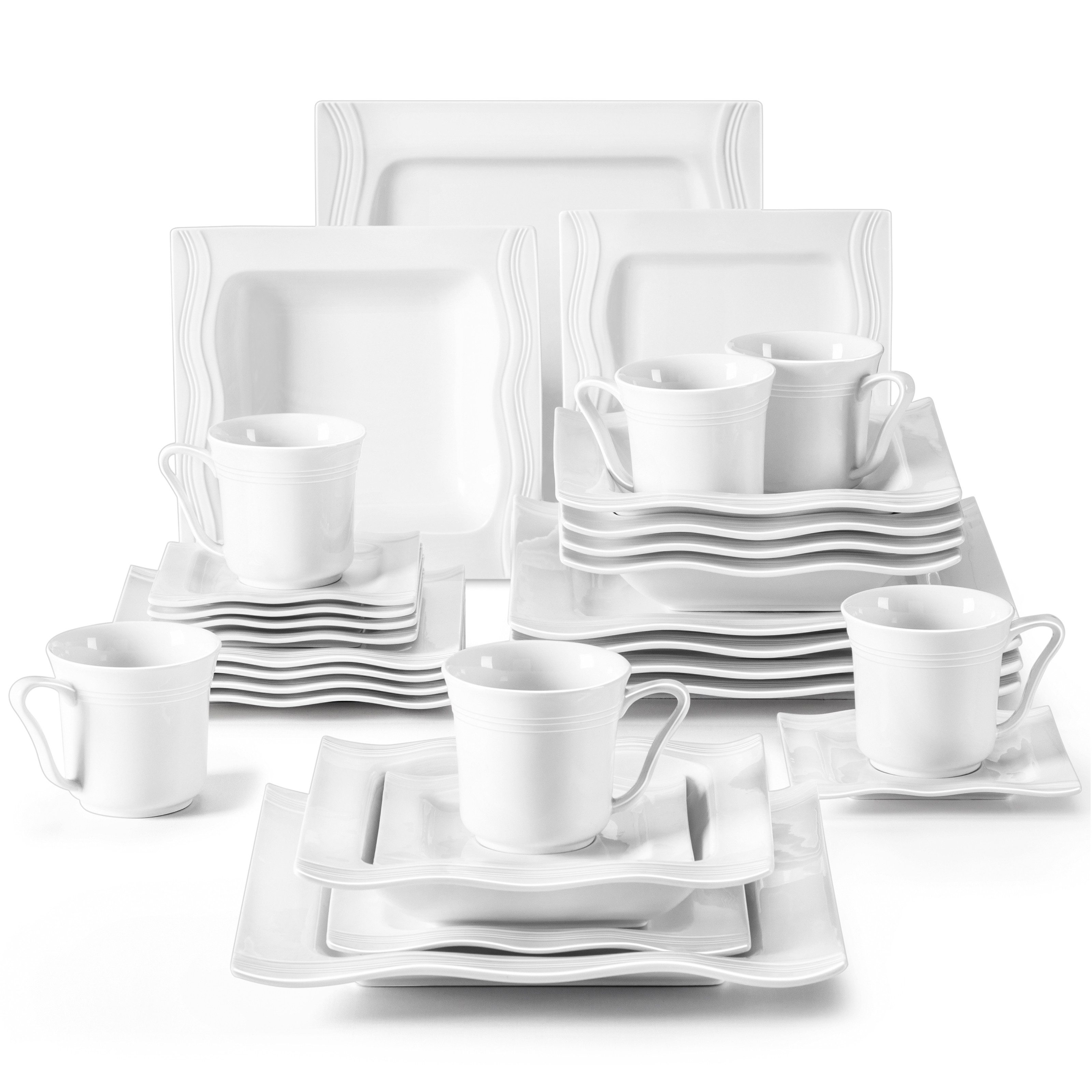 MALACASA Geschirr-Set Tafelservice MARIO für 6, Porzellan Geschirrset Weiß (30-tlg), 6 Personen, Porzellan