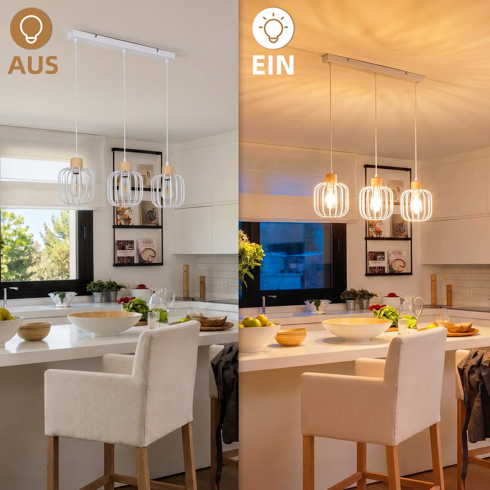 ZMH Pendelleuchte Grau & Weiß 3-flammige, E27, Holz+Eisen, für Esszimmer & Küche, ohne Leuchtmittel, Offener Lampenschirm, maximal 25 W pro Kopf, ohne Glühbirne – Bild 5 von 5