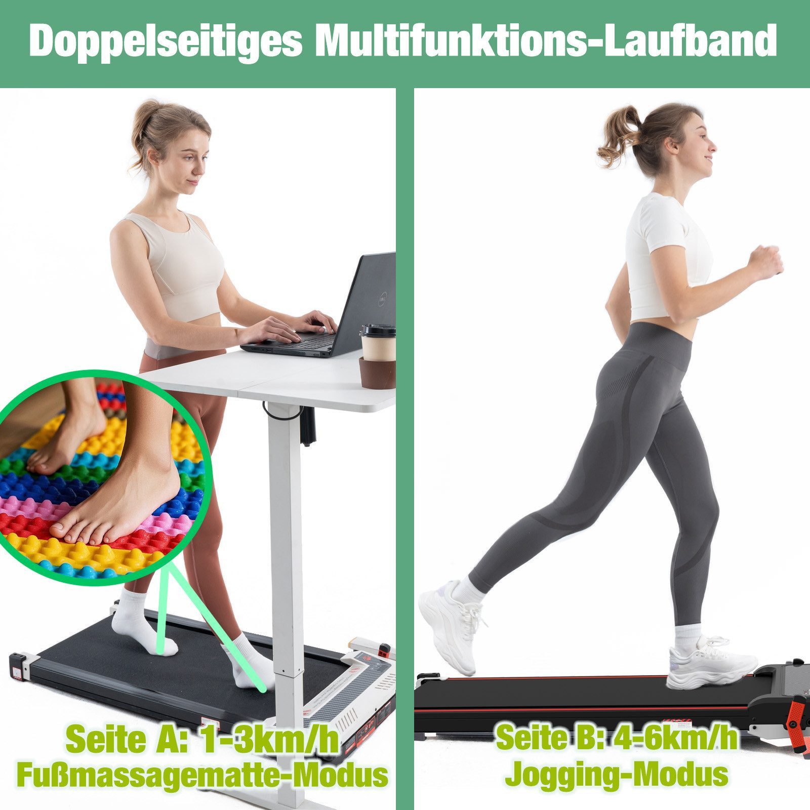 CITYSPORTS Laufband Heim-Laufbänder mit Steigung, beidseitig, mit Fußmassagematte-Funktion (Mit Tools und Schmiermitteln), 440W Bürstenloser Motor, 1-6KM/H, max. Last 120KG, Walking/Jogging Pad