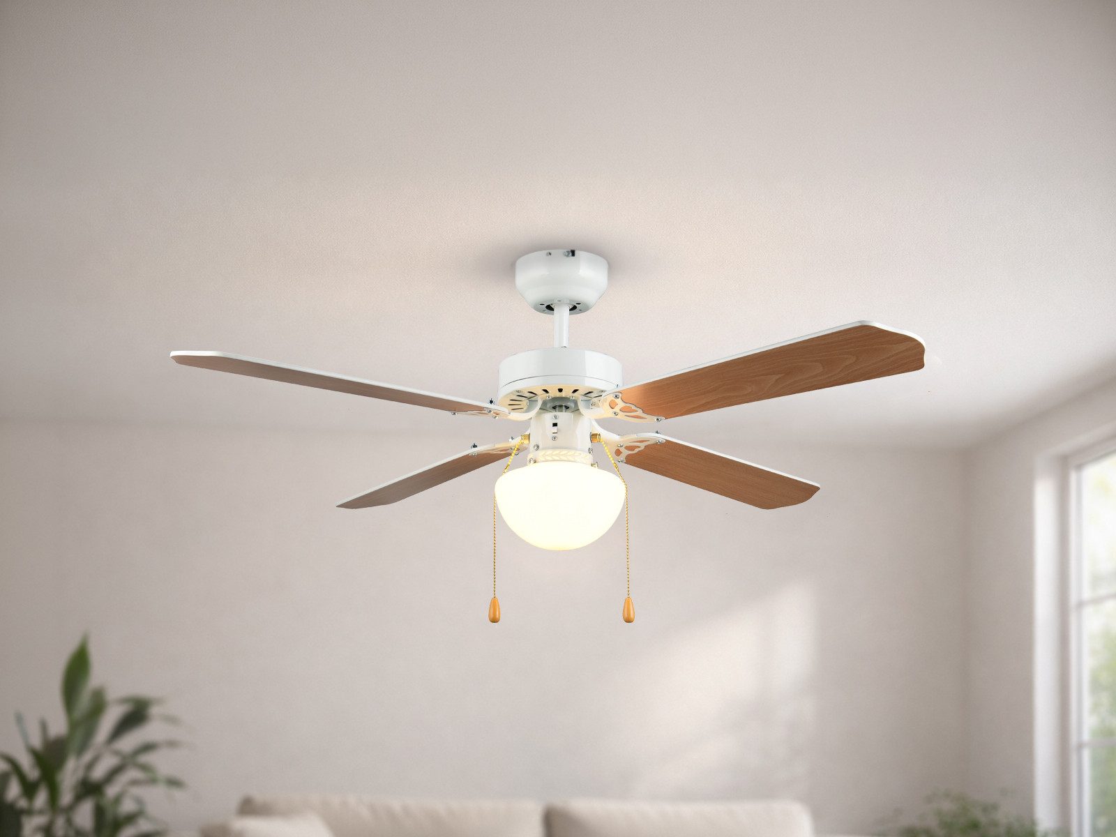 Reality Leuchten Deckenventilator mit Licht und Zugschalter Ø 106,5cm, Ventilator leise mit max. 47 Dezibel für Wohnzimmer & Schlafzimmer
