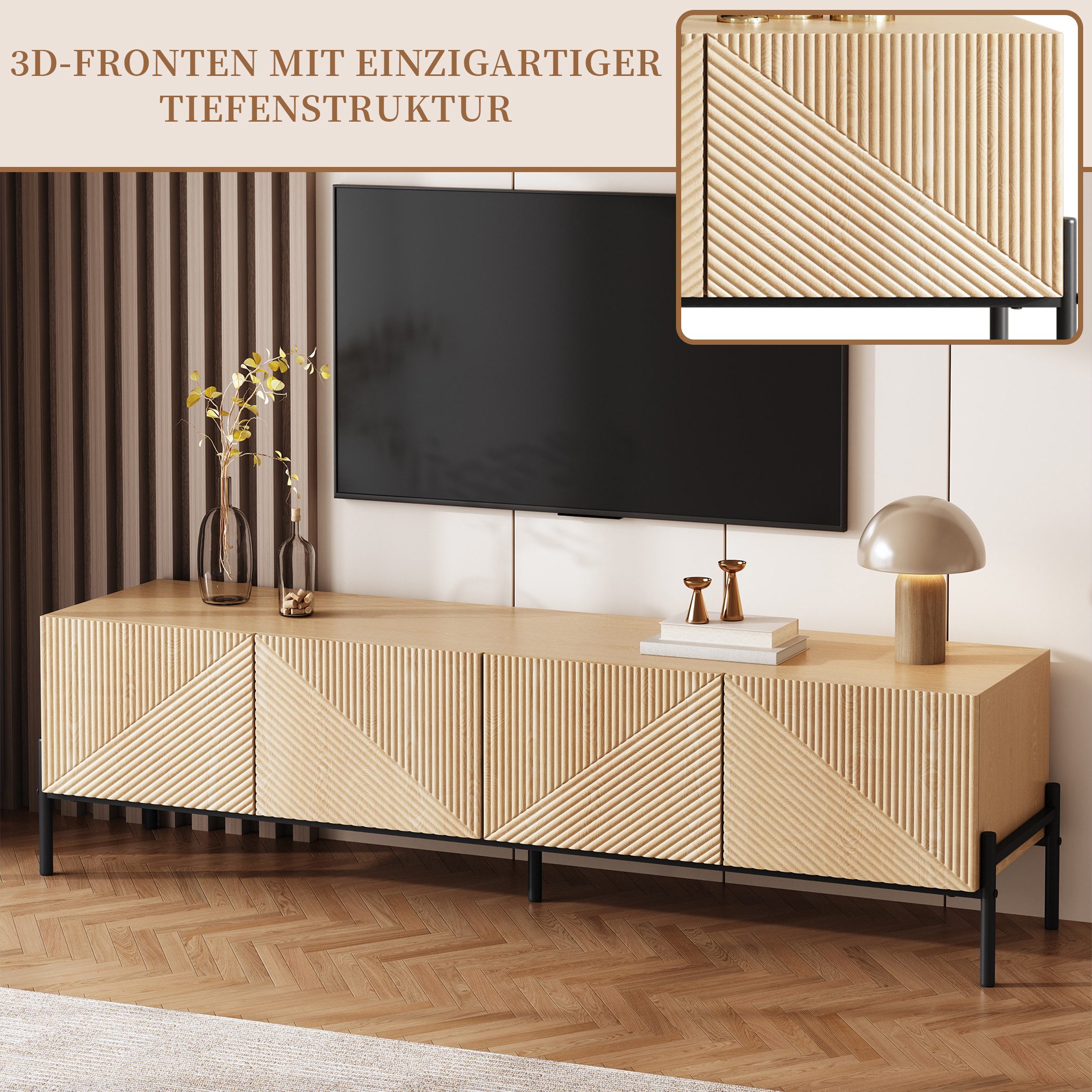 SeedWave Lowboard TV-Schrank in Holzoptik, mit 4 Grifflosen Türen, Stauraum, Eisenbeinen, 163cm Fernsehschrank mit Kabeldurchführung – Bild 3 von 5