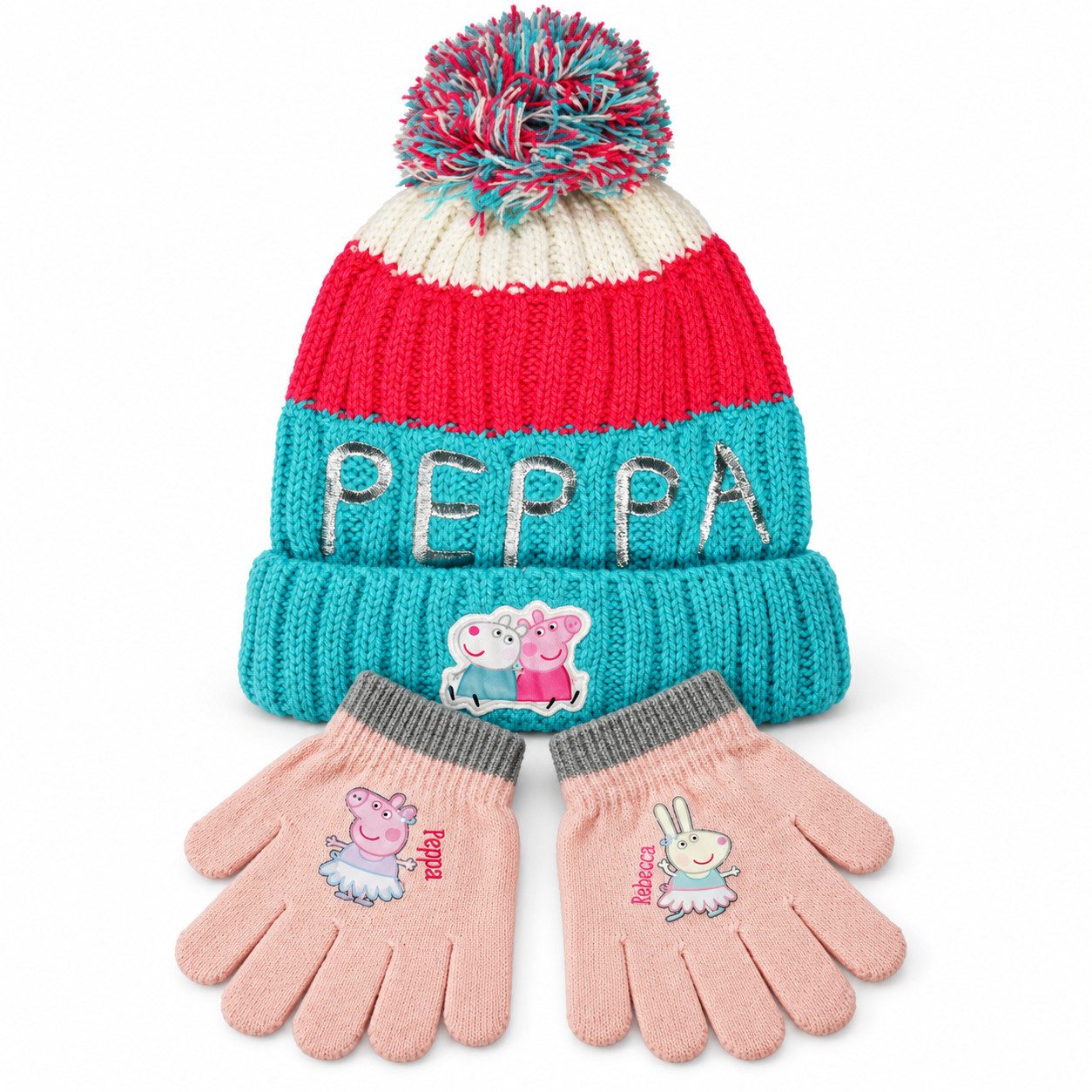 Peppa Pig Bommelmütze Peppa Wutz Kinder Wintermütze plus Handschuhe (Spar-Set, 2-St) Gr. 52 bis 54