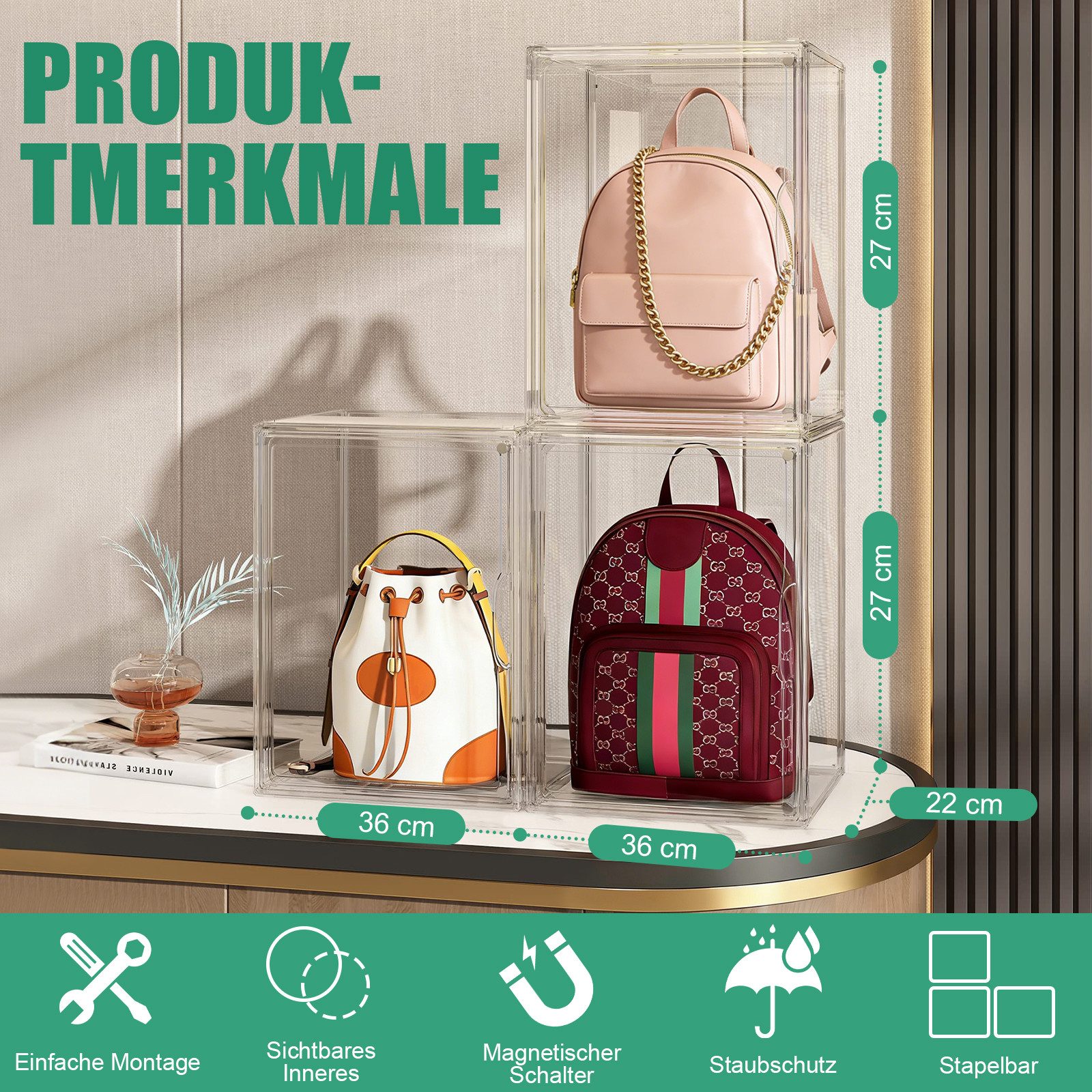 XERSEK Vitrine Transparent Displaybox mit Magnettür, Acryl Schaukasten Organizer (2 Set] 36×22×27cm Stapelfähig, Horizontal oder Vertical Platzierbar) Acryl-Vitrine für Figuren, Handtaschen, Spielzeug, Handwerk, Bücher