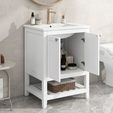 XDeer Waschtisch Badmöbel Einzel Waschtisch mit Unterschrank Keramik-Waschbecken, Weiß 60cm