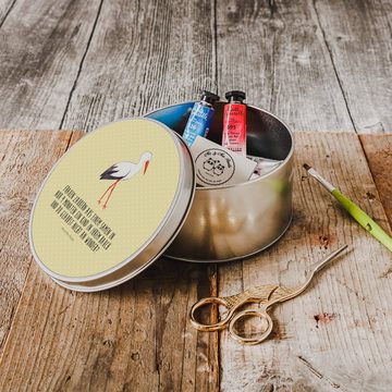 Mr. & Mrs. Panda Aufbewahrungsdose Storch - Gelb Pastell - Geschenk, Schwangerschaft, Dose, Metalldose, (1 St), Einzigartiges Design
