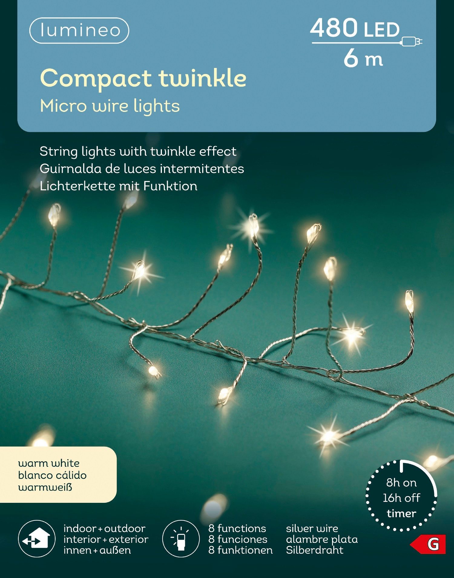 LED-Lichterkette Lumineo Micro-LED COMPACT TWINKLE 480 LED 6 m warm weiß, Silberdraht