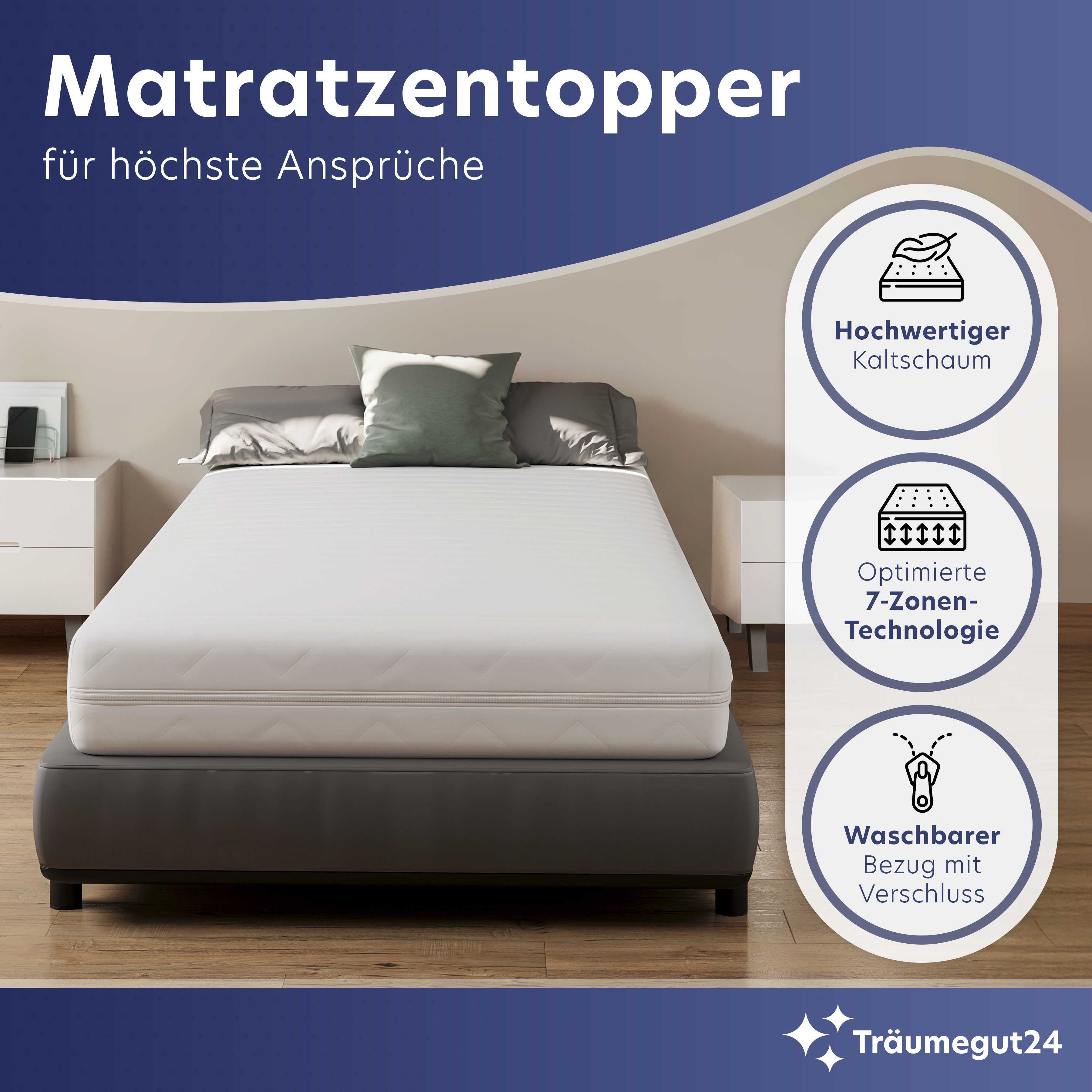 Träumegut24, Topper 10cm hoher ergonomischer 7-Zonen Kaltschaum Topper - H2&H3, 10 cm hoch, Kaltschaum, verschiedene Größen und Härtegrade
