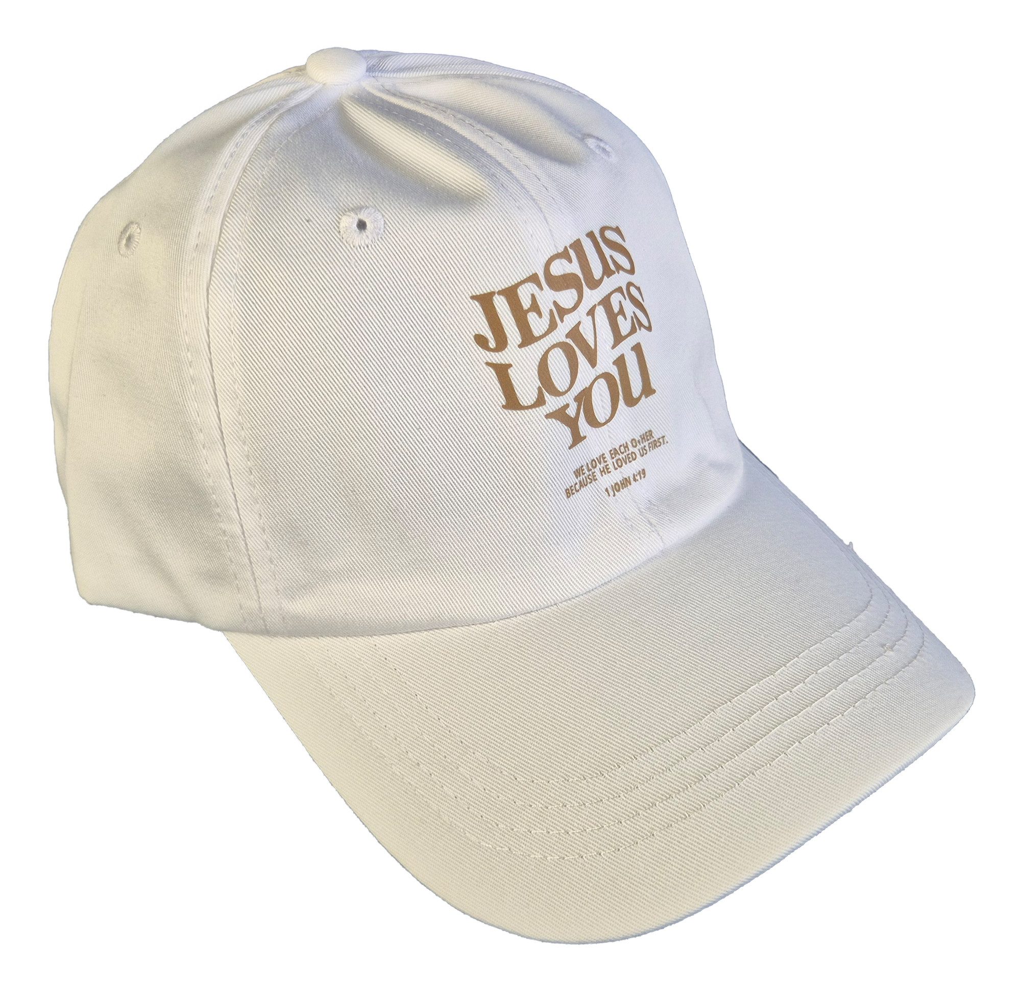Einkaufszauber Schirmmütze Baseball Cap Schirmmütze "Jesus loves you" Weiß - besonders langer Schirm bietet guten Sonnenschutz