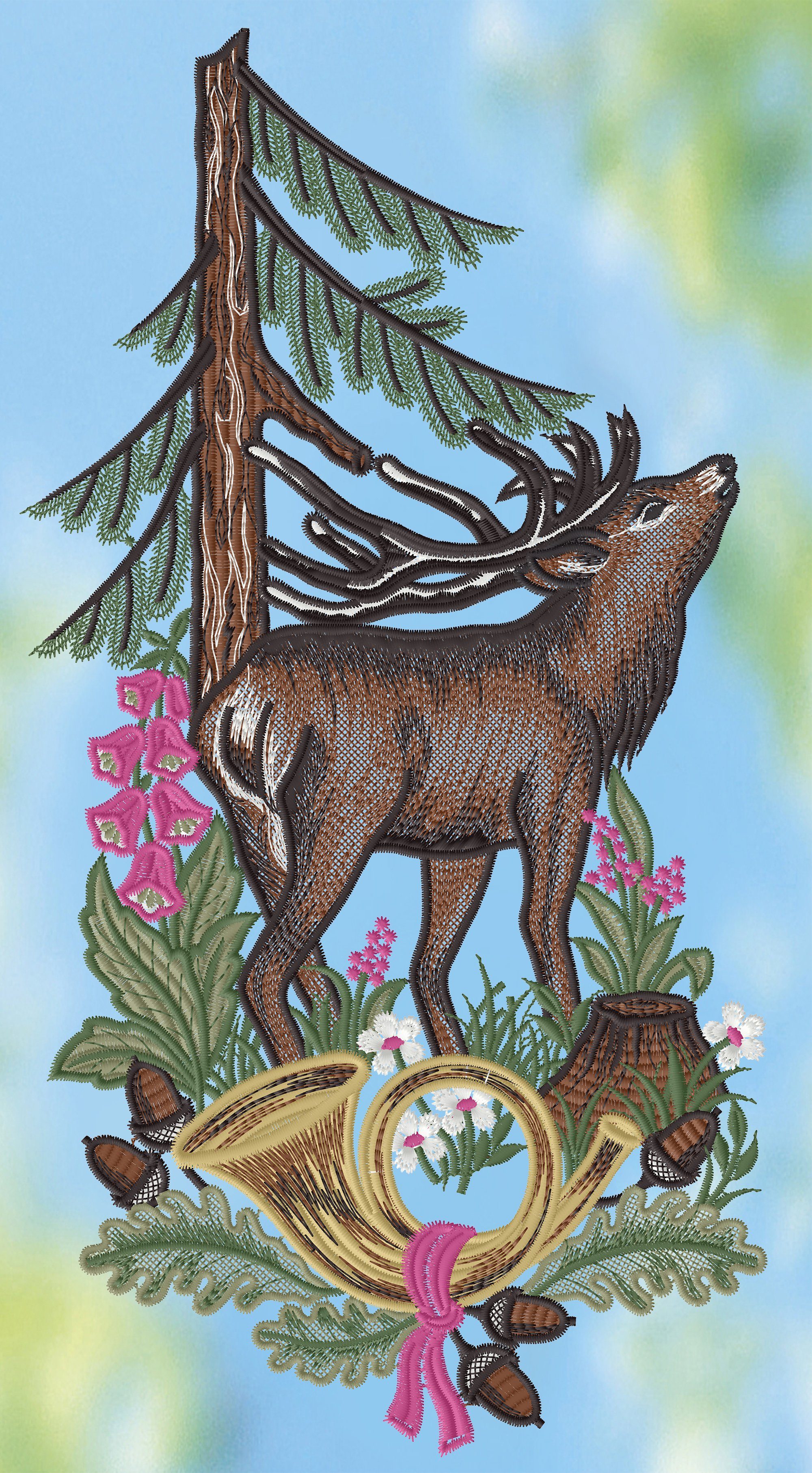 Plauener Spitze® Fensterbild Hirsch mit Jagdhorn, günstig online kaufen
