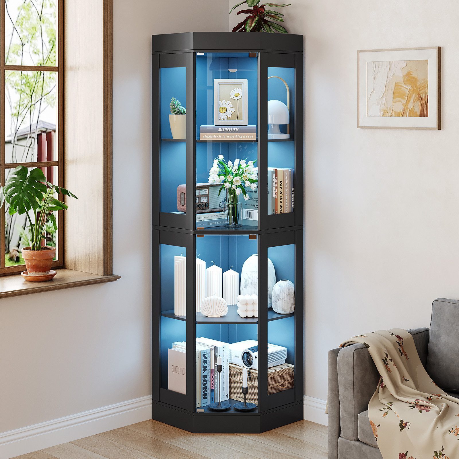 SVEYLXA Eckvitrine Beleuchtete LED Ecken-Vitrine mit Glastüren für Wohnzimmer, Küche&Flur (1-St) 70×56×178cm, schwarz
