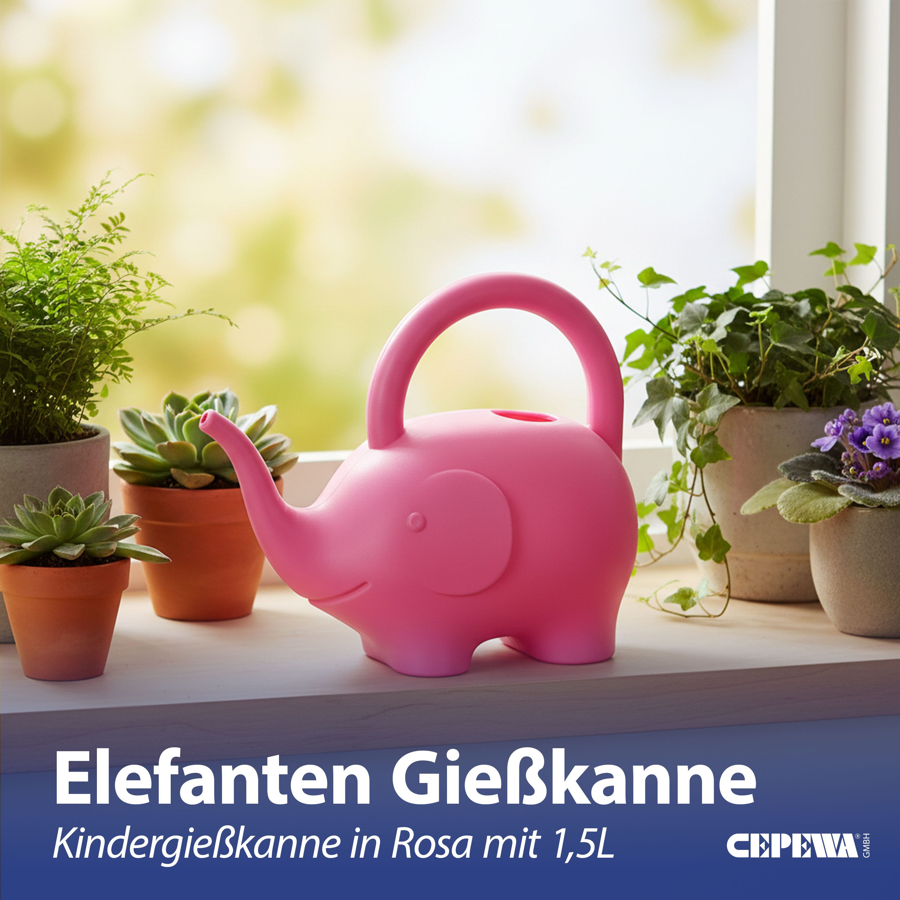CEPEWA Gießkanne Gießkanne Elefant Kunststoff rosa 24x20x12cm 1,5 L Kinder-Gießkanne