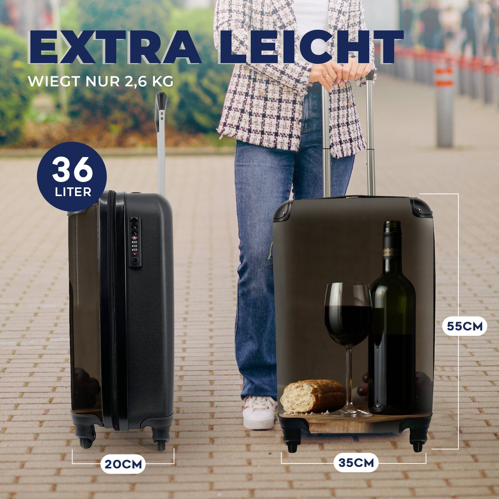 MuchoWow Handgepäckkoffer Rotwein Reisekoffer Tisch, für mit 4 Ferien, auf Brot und Reisetasche Rollen, Trolley, Handgepäck rollen, einem