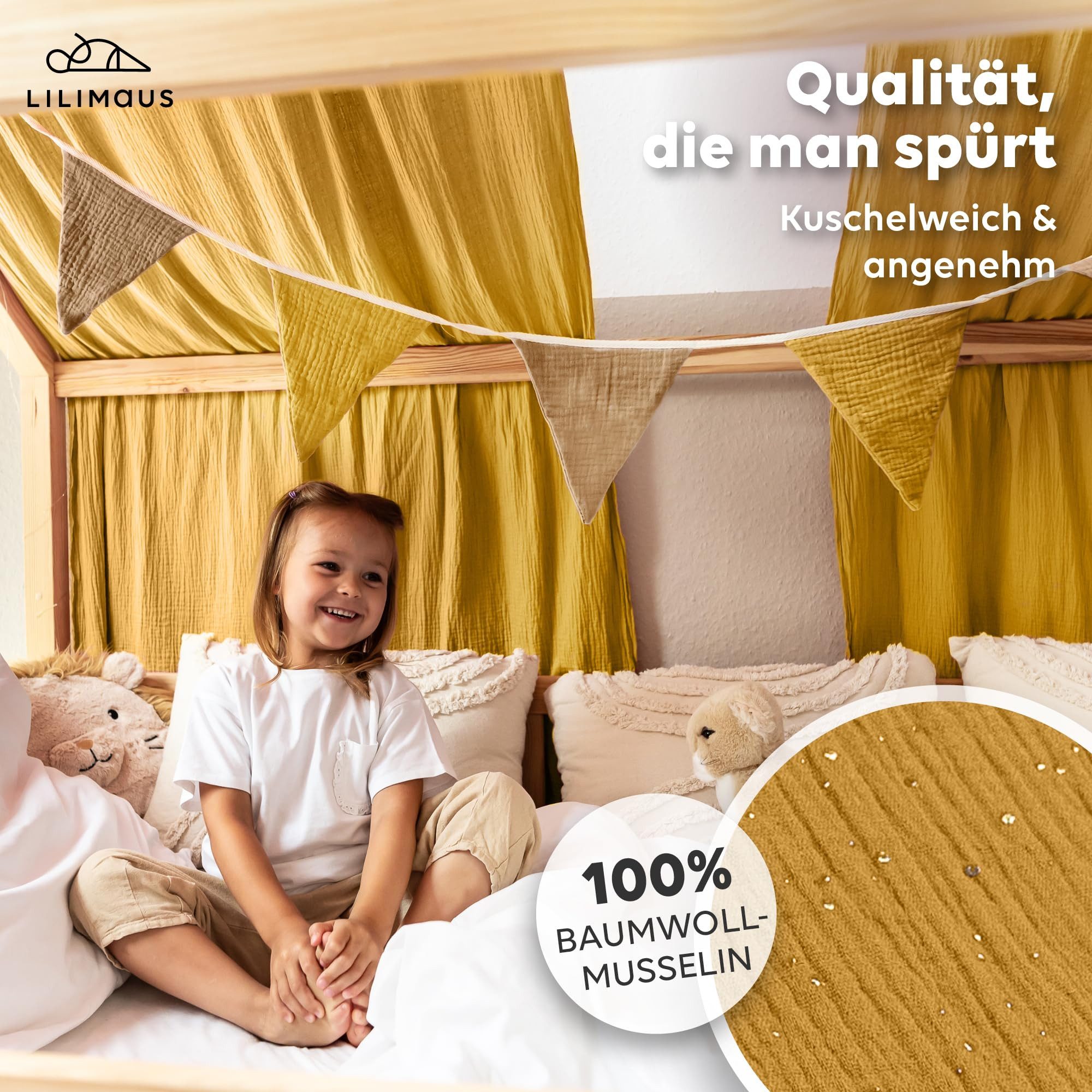 lilimaus Betthimmel Hausbett Himmel Gold aus 100% Musselin Baumwolle - 12 Farben (1-tlg), Musselin Hausbett Himmel mit Goldsternen, handgenäht