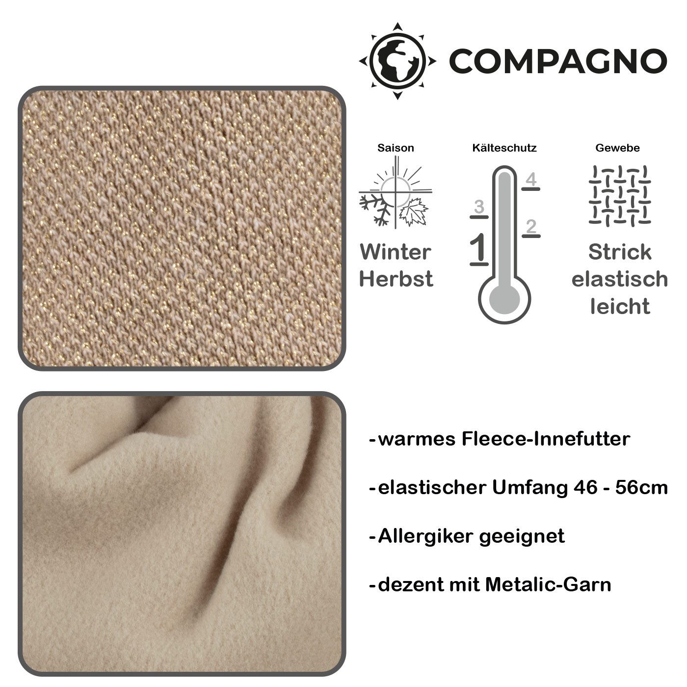 compagno Strickmütze (1-St) Damen Beanie Wintermütze Metallic-Garn gefüttert Fleecefutter