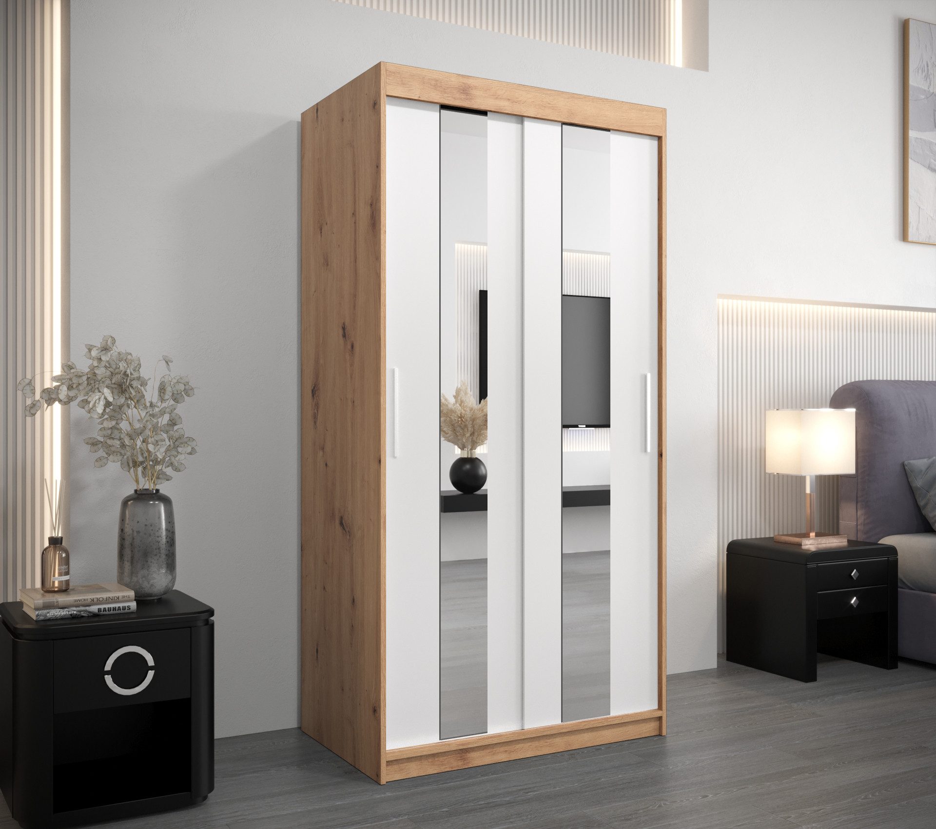 ABIKS MÖBEL Schwebetürenschrank POLE Schlafzimmerschrank - mit Spiegel, Kleiderstange und Regalen