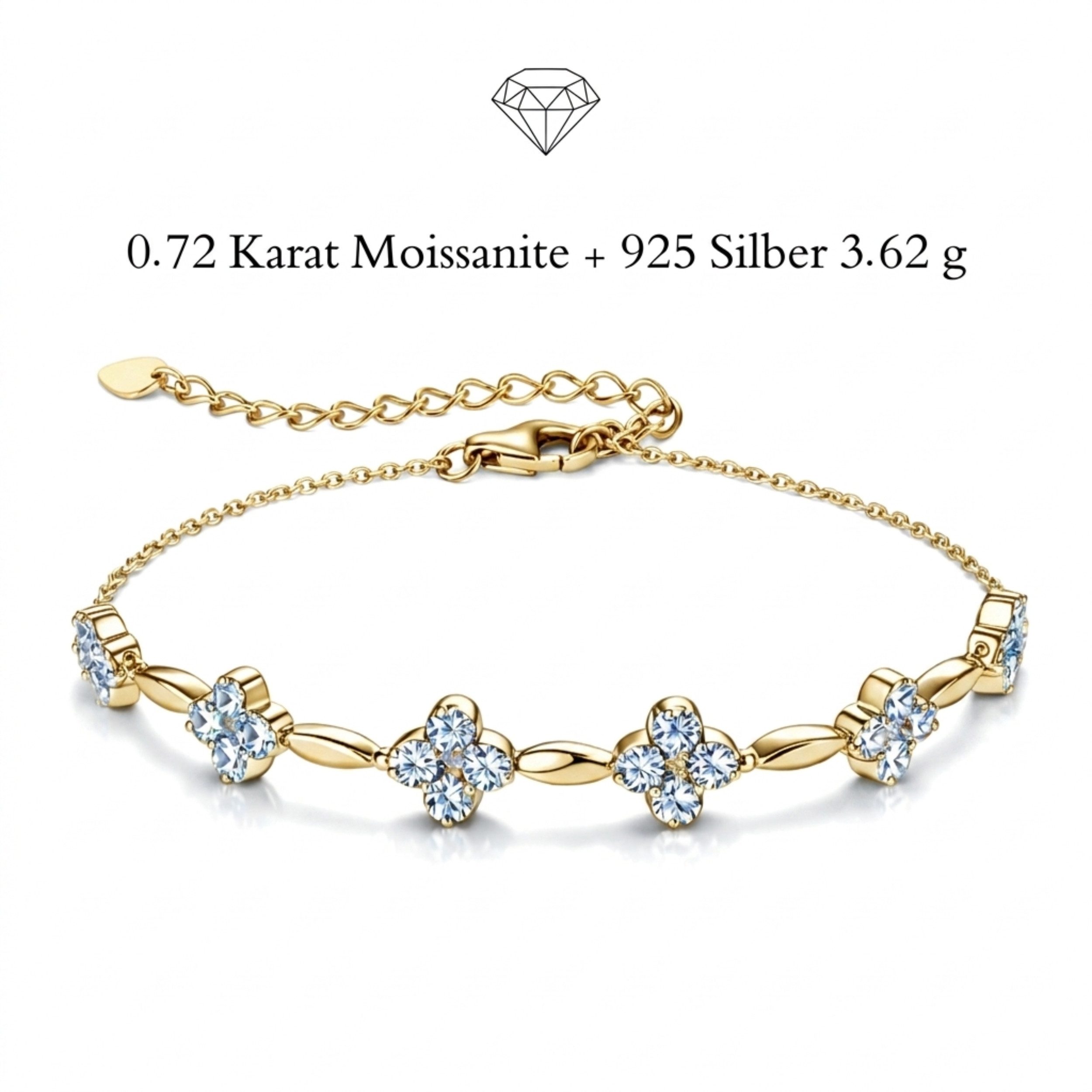 UNIQAL.de Silberarmband Damen 925 Sterling Silber mit Diamant Moissanit 0,72 Karat - KLEEBLATT (Silberarmband mit 24 Moissanit Steinen in floraler Blütenform, 925 Sterling Silber weißgold oder 14K gold veredelt, inkl. Luxuriöse Schmuck Geschenkbox), Moiss