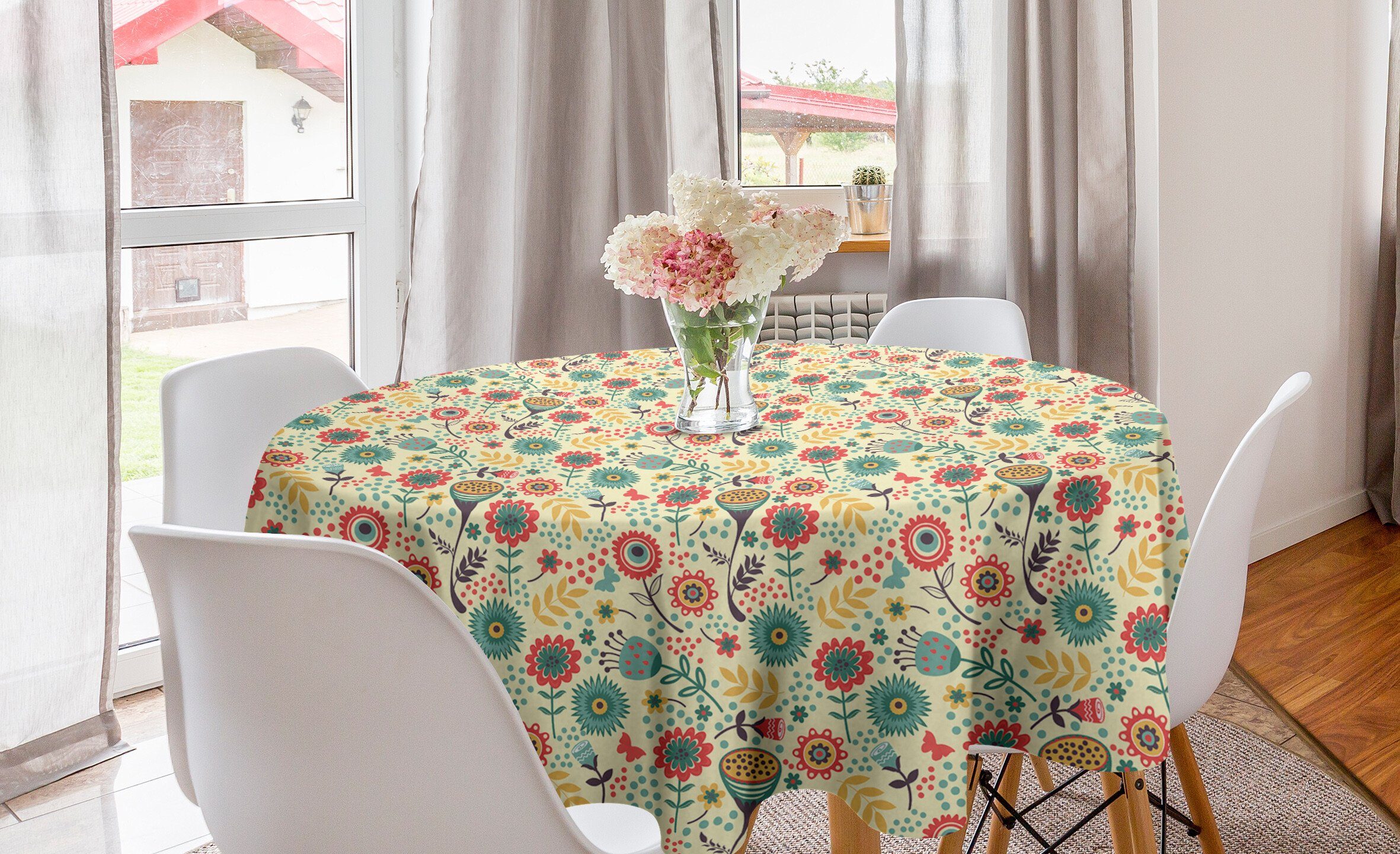 Abakuhaus Tischdecke für Küche Modern Tischdecke Esszimmer Kreis Blumen-Blumenstrauß Botanik Abdeckung Dekoration