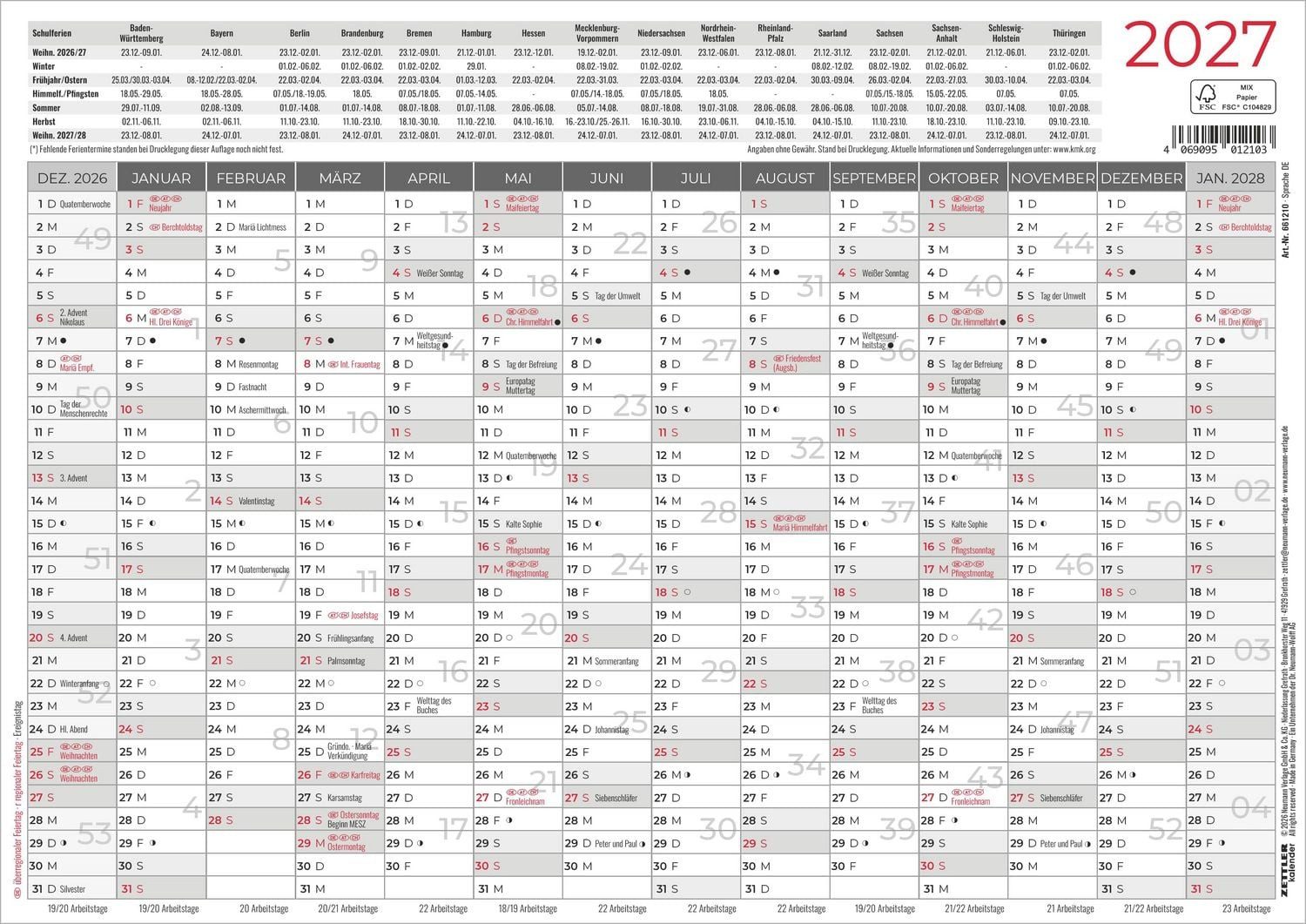 Wandkalender Kleiner Wandplaner 1 Stk. gerollt 2027