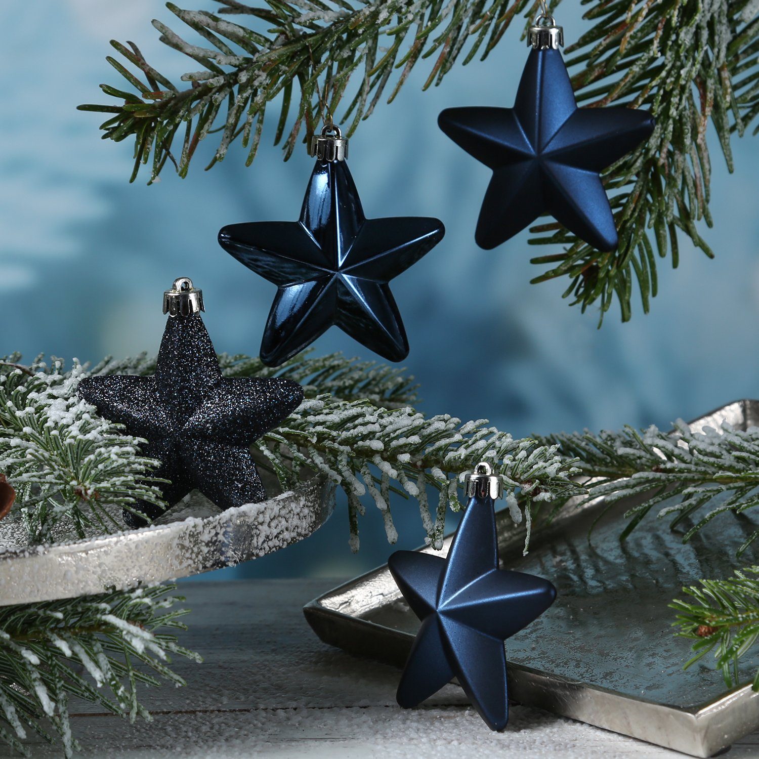 MARELIDA Christbaumschmuck Weihnachtsbaumschmuck Sterne bruchfest glänzend glitzernd blau 6St. | Dekohänger