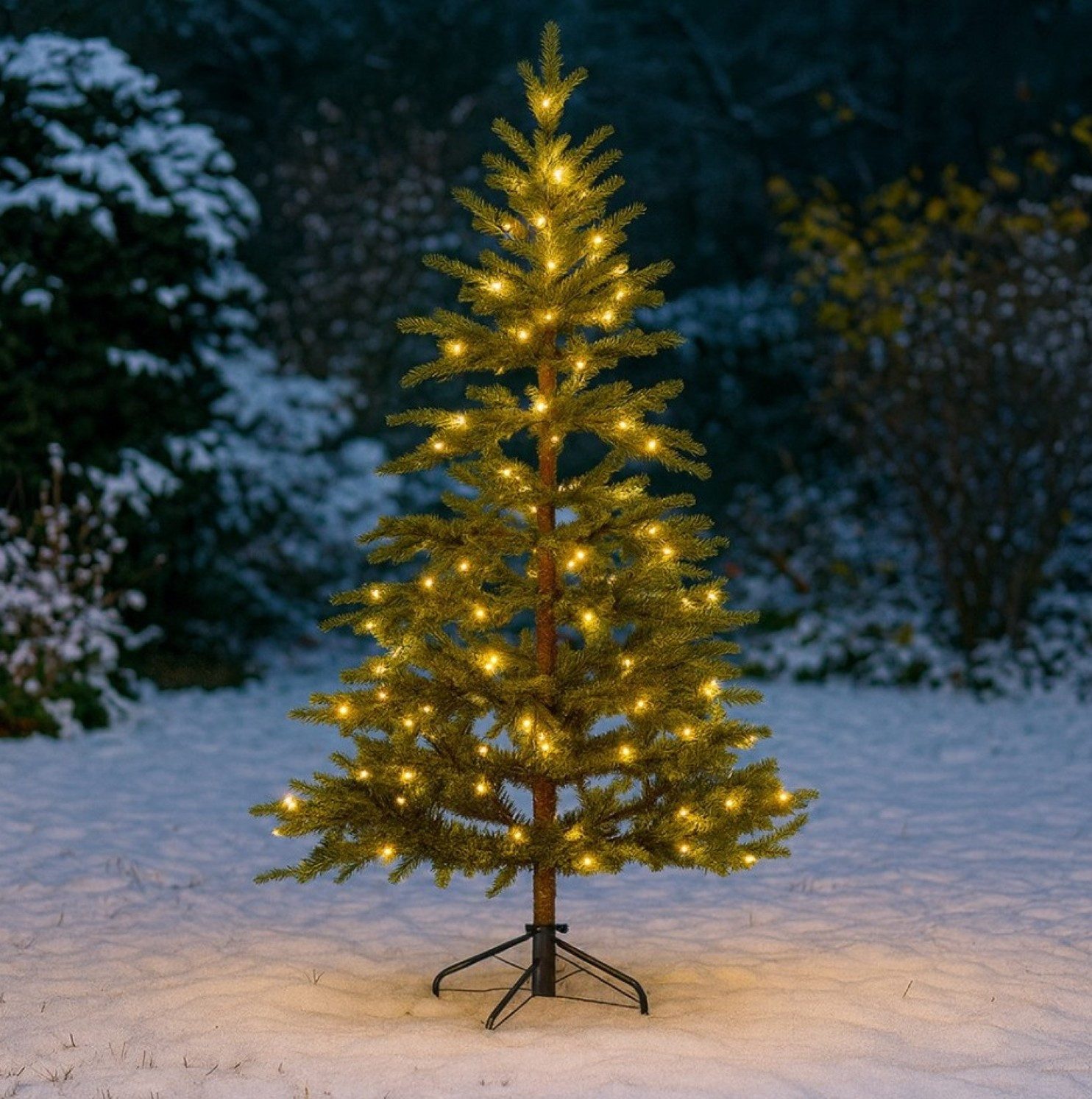Online-Fuchs Künstlicher Weihnachtsbaum mit Beleuchtung für außen, Outdoor geeignet - Weihnachtsdeko, Spritzguss Nadeln, 120, 150, 180 und 210 cm, 9 verschiedene Leuchtfunktion - Warmweiß oder Farbwechsel