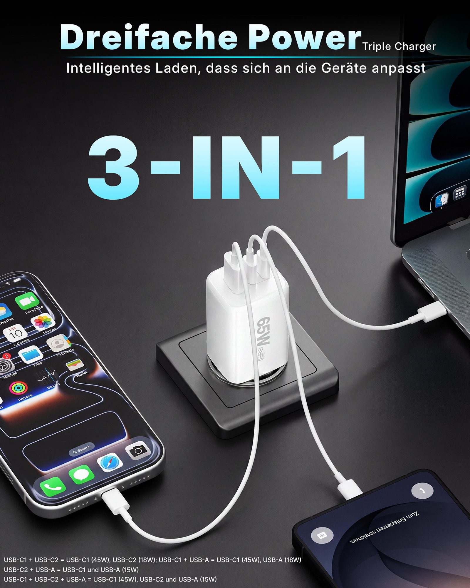GreenHec 65w USB-C Ladegerät Mehrfach GAN Mehrfachstecker USB-A Charger Schnelllade-Gerät (50 mA, Spar-Set, Universelle Kompatibilität, 3 fach Netzteil Adapter Macbook quick charge Ladestation type c port)