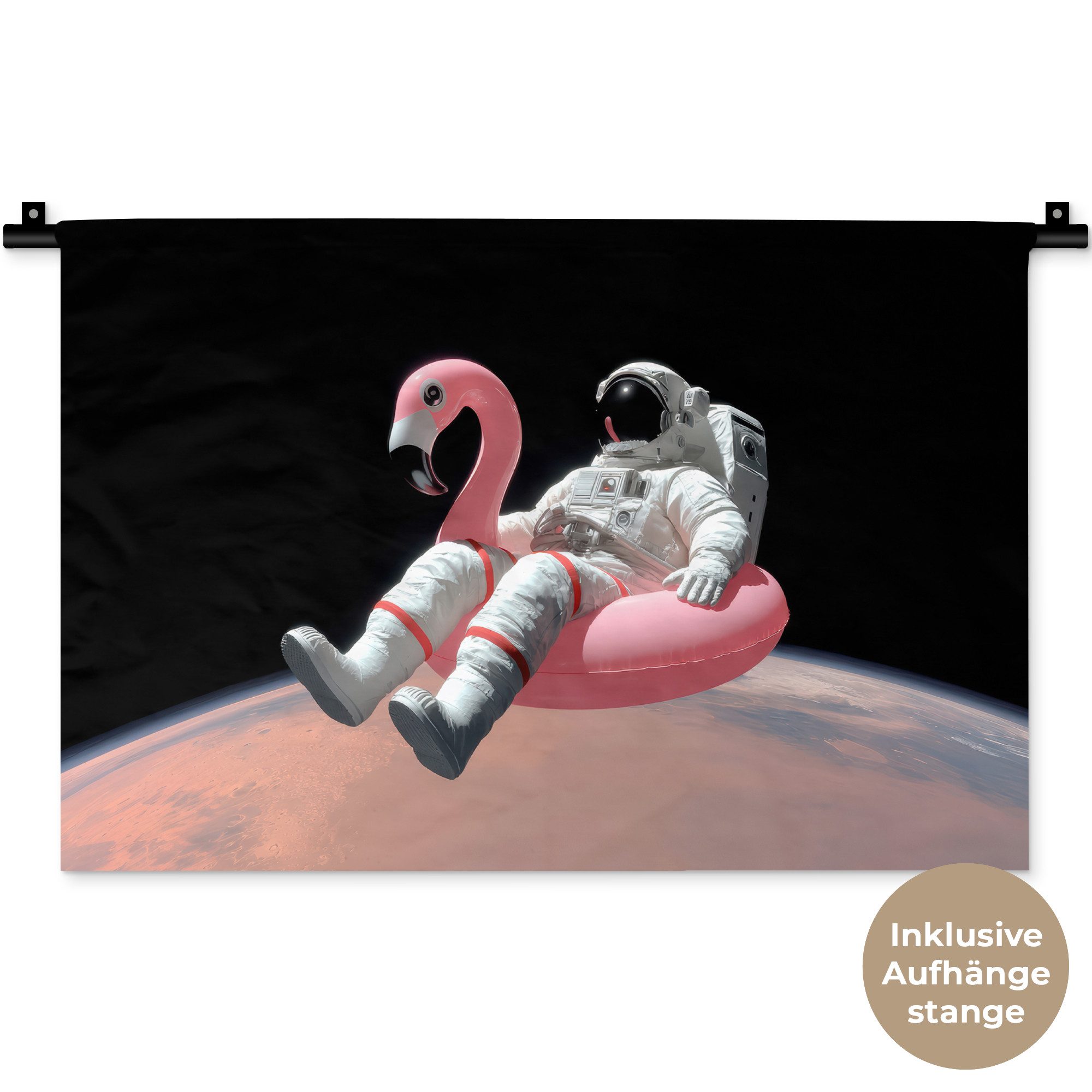 MuchoWow Wandteppich Astronaut - Flamingo - Schwimmband - Rosa, Rechteckig, Höhe: 3 mm, Wandteppich für Wohnzimmer, Schlafzimmer, 60x40 cm