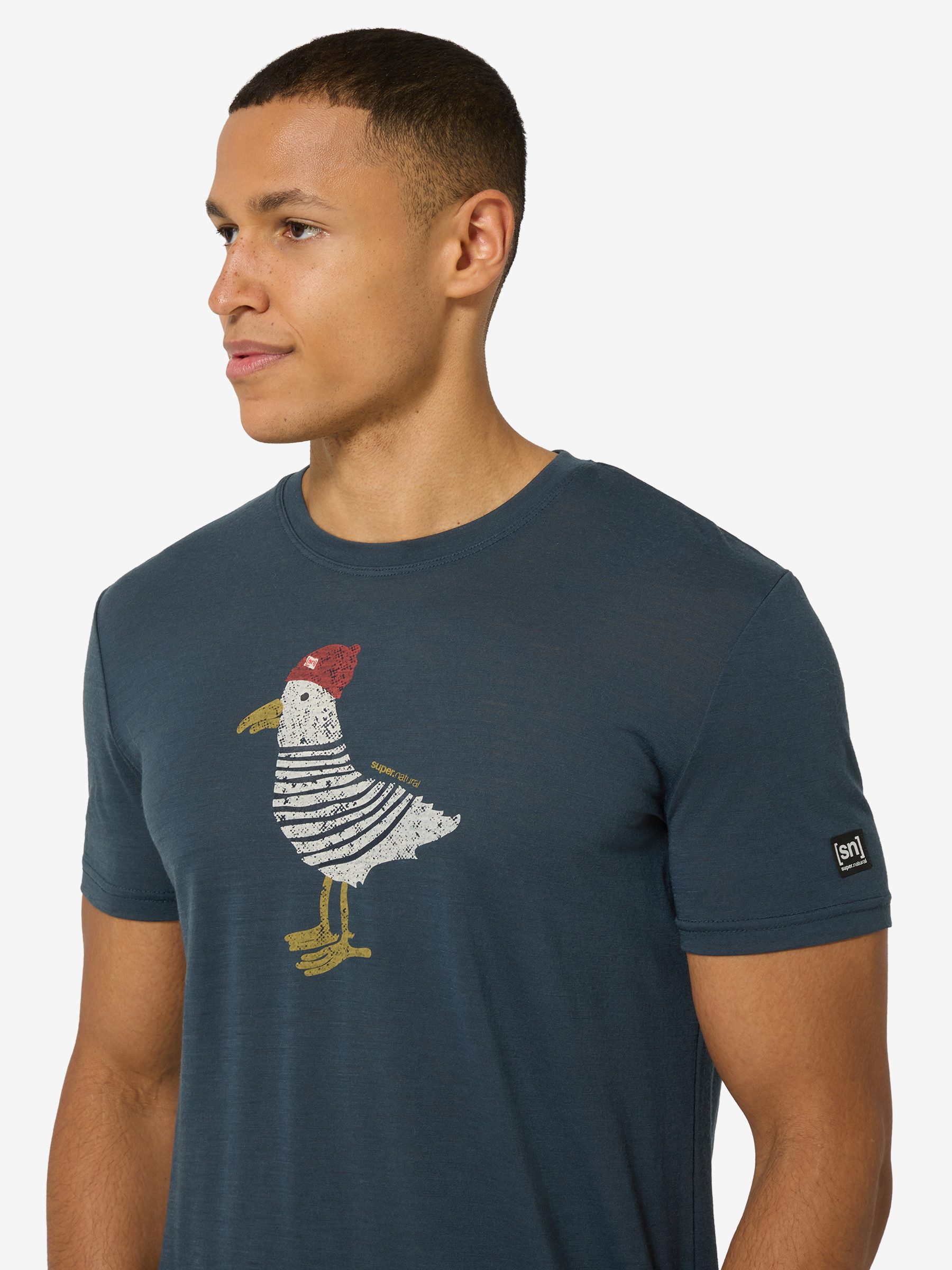 SUPER.NATURAL Print-Shirt für Herren, Merino JOHNNY TEE Vogel Motiv, atmungsaktiv
