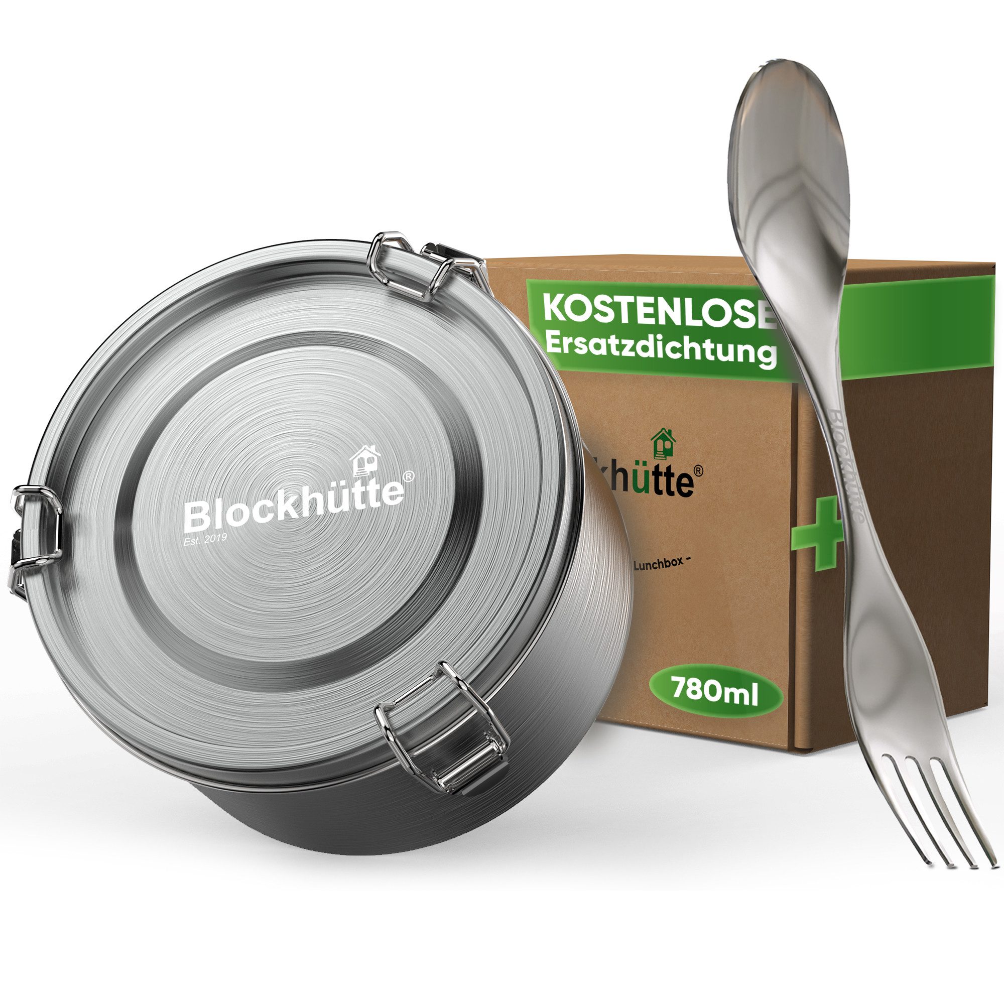 Blockhütte Lunchbox Edelstahl Brotdose rund - Lunchbox Erwachsene - Brotdose Kinder, Edelstahl, Auslaufsicher, Stapelbar