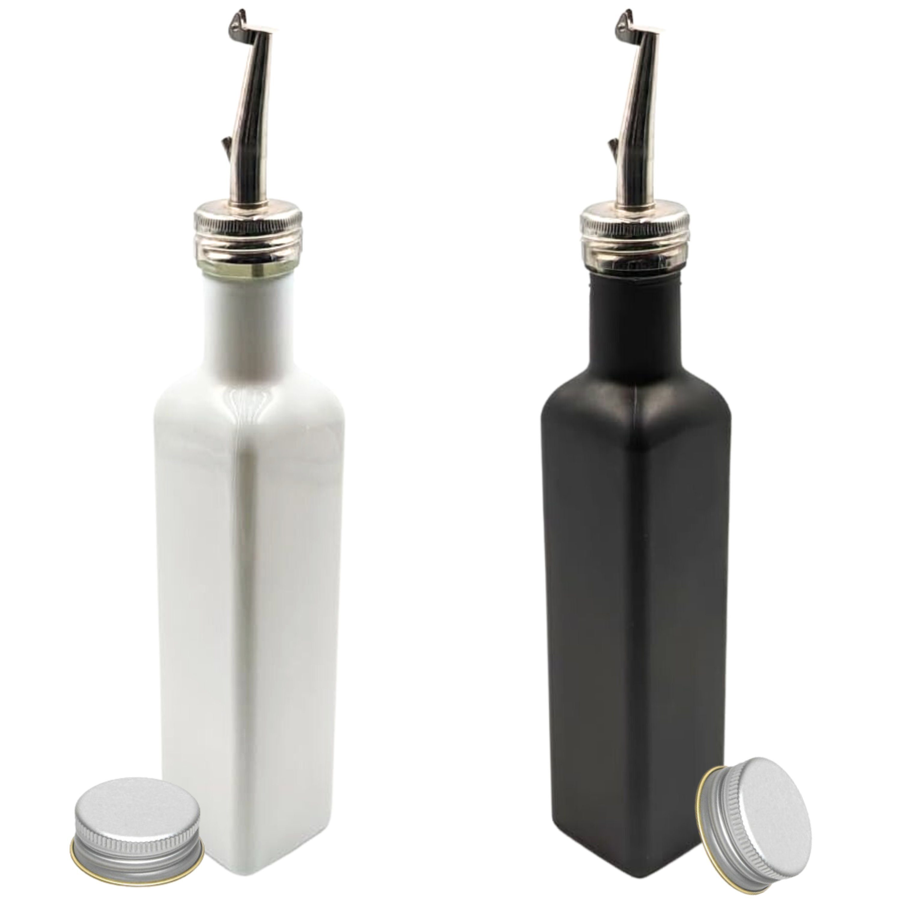 mikken Flaschenausgießer 2er Set Ölflasche 250 ml Glasflasche weiß / schwarz mit Ausgießer, Ölflaschen Set mit Dosierausgießer, extra Deckel und Etiketten