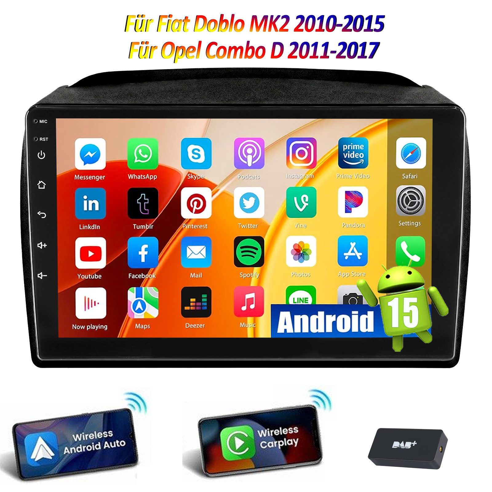 ESSGOO DAB+ Für Fiat Doblo MK2/Opel Combo D 9" Android 15 Autoradio GPS Navi Autoradio (RDS, 4+64GB(optional), Digitalradio (DAB), AM, SWC, Carplay Android Auto Bluetooth EQ USB GPS Navi WIFI Touchscreen)