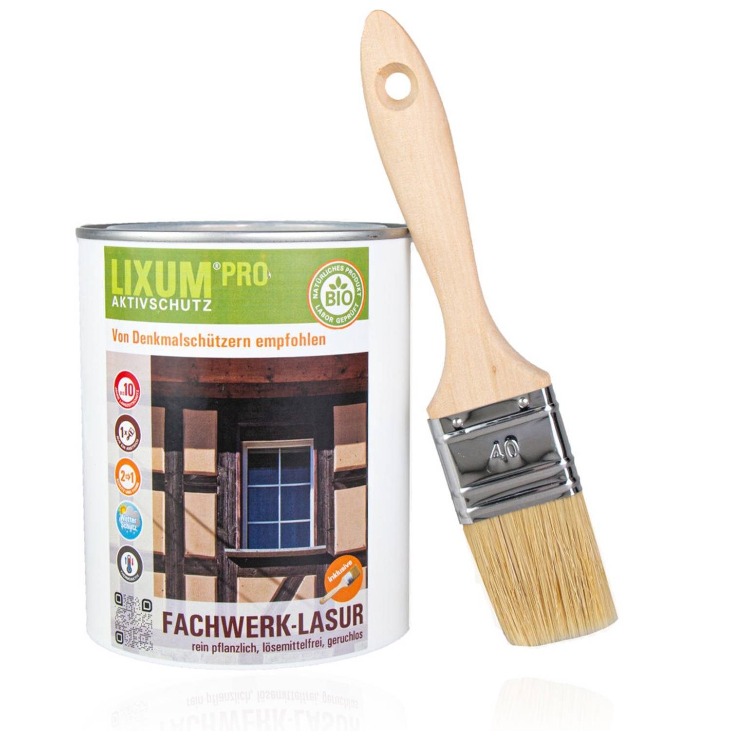 LIXUM Holzschutzlasur LIXUM PRO BIOLOGISCHE FACHWERK LASUR, NATÜRLICHER HOLZSCHUTZ, OHNE CHEMIE, ANSTRICH FÜR FACHWERK, FÜR DENKMALSCHUTZ GEEIGNET, MIT LANGZEIT WIRKUNG