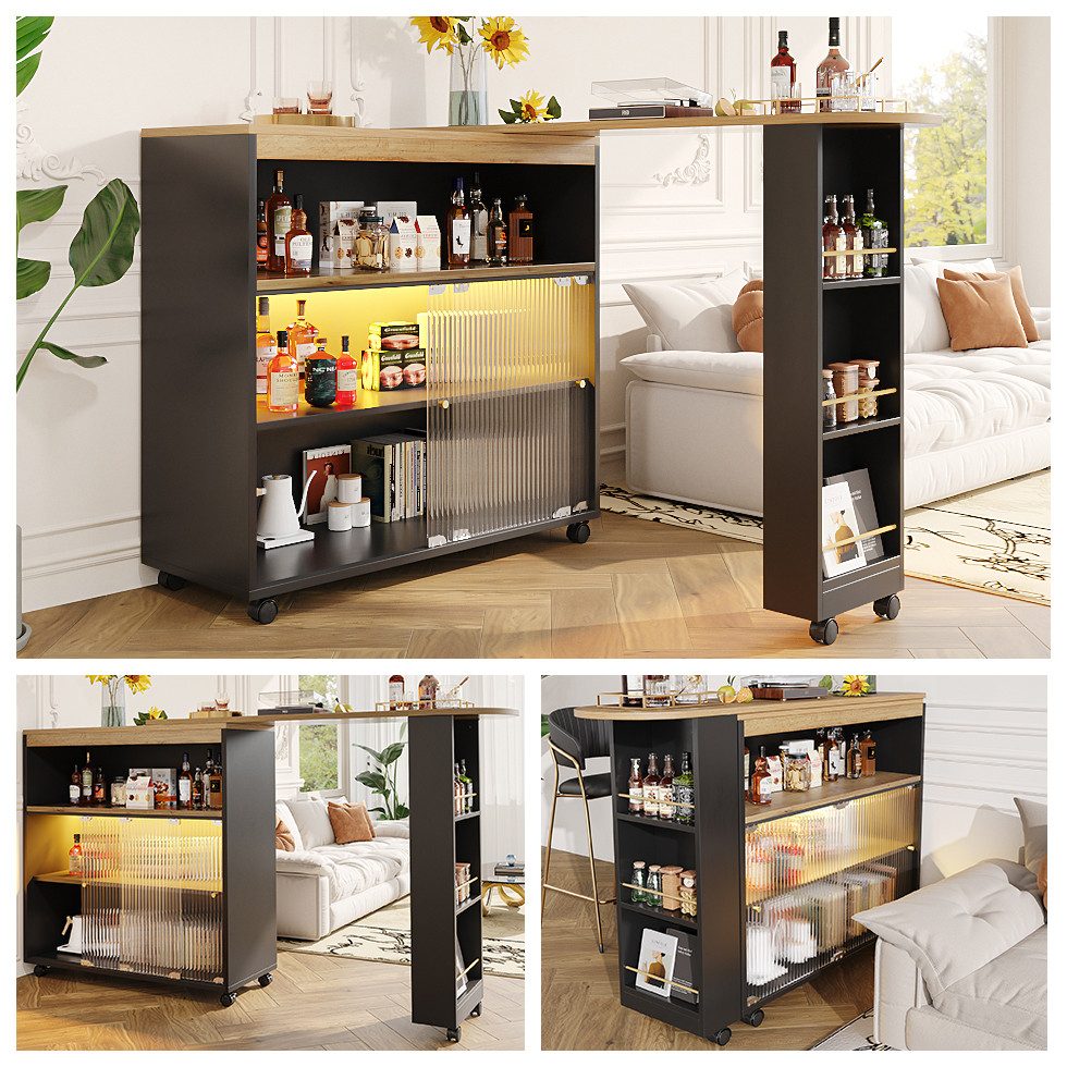 HAUSS SPOLE Bartisch Ausziehbarer Beweglicher Bartisch mit LED,Stauraum Bistrotisch schwarz (Ausziehbarer Stehtisch,Bistrotisch mit Stauraum, 2-St., Ausziehbare Länge: 138-204 cm), mit LED, drei Ebenen von Ablagefächern