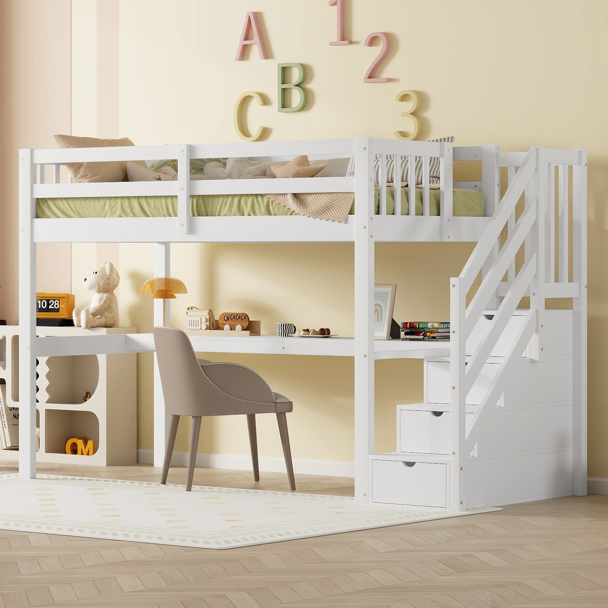 Flieks Hochbett Massivholz Etagenbett Kinderbett 90×200cm mit Treppe und Sc günstig online kaufen