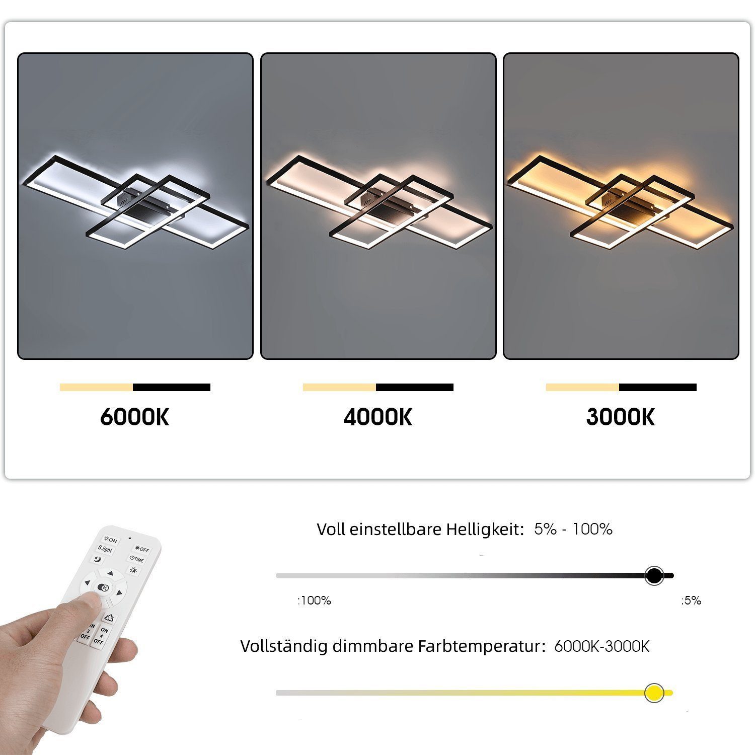 LETGOSPT Deckenleuchte 60W LED Deckenleuchte Dimmbar Modern Deckenlampe Wohnzimmerlampe 90cm, LED fest integriert, Kaltweiß, Naturweiß, Warmweiß, Geometrisch Wandlampe Multifunktional Deckenbeleuchtung