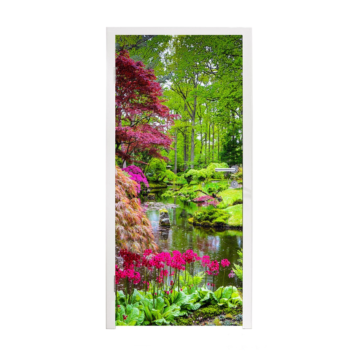St), Türtapete Türaufkleber, (1 MuchoWow - - Fototapete bedruckt, 75x205 Matt, Japanisch Natur Tür, Bäume - Blumen Wasser, für cm -