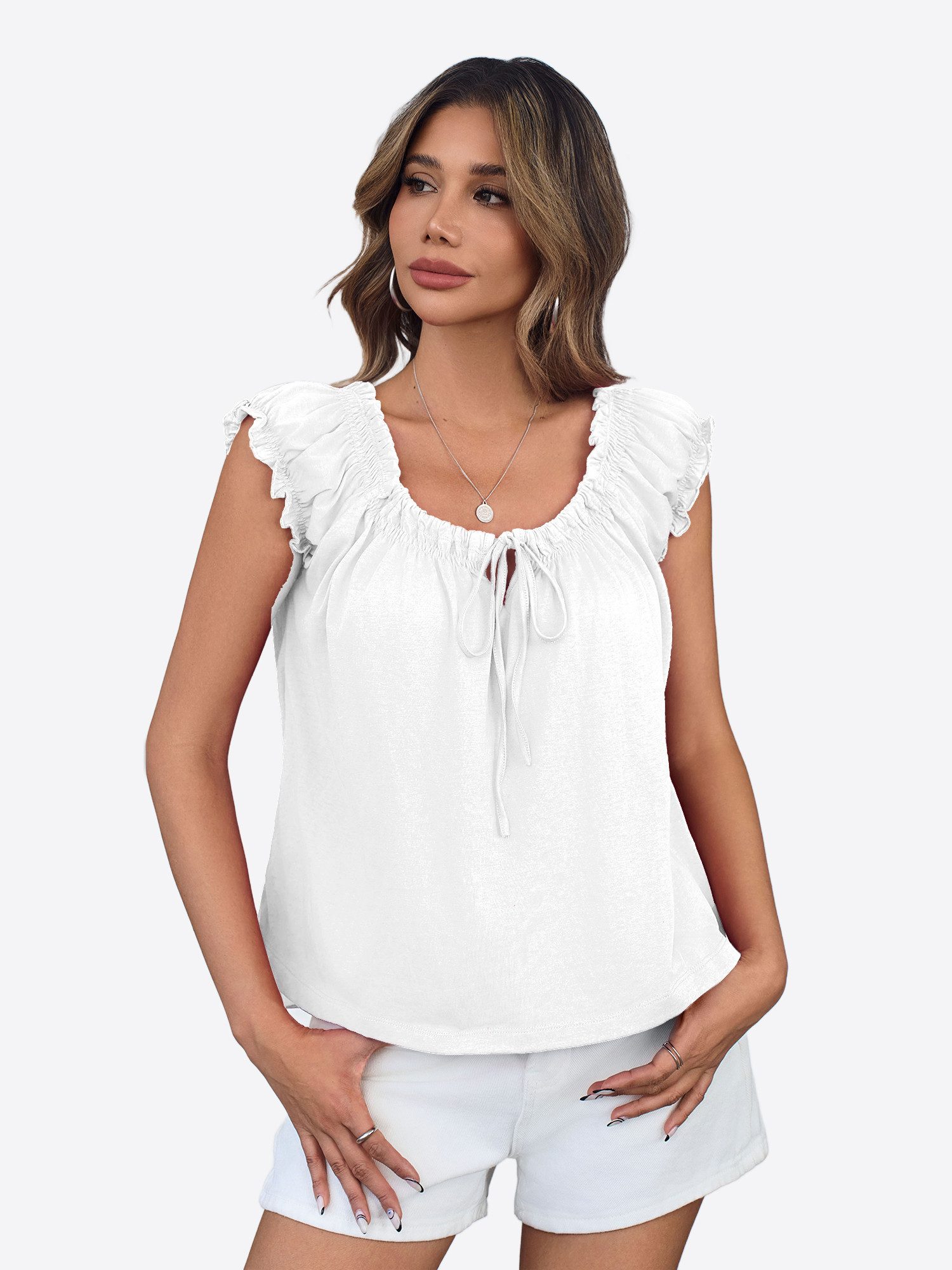 Imily Bela Babydolltop Damen Sommertop mit Puffärmeln und Bindeband vorne (Packung, 1-tlg., 1per-Pack) einfarbig