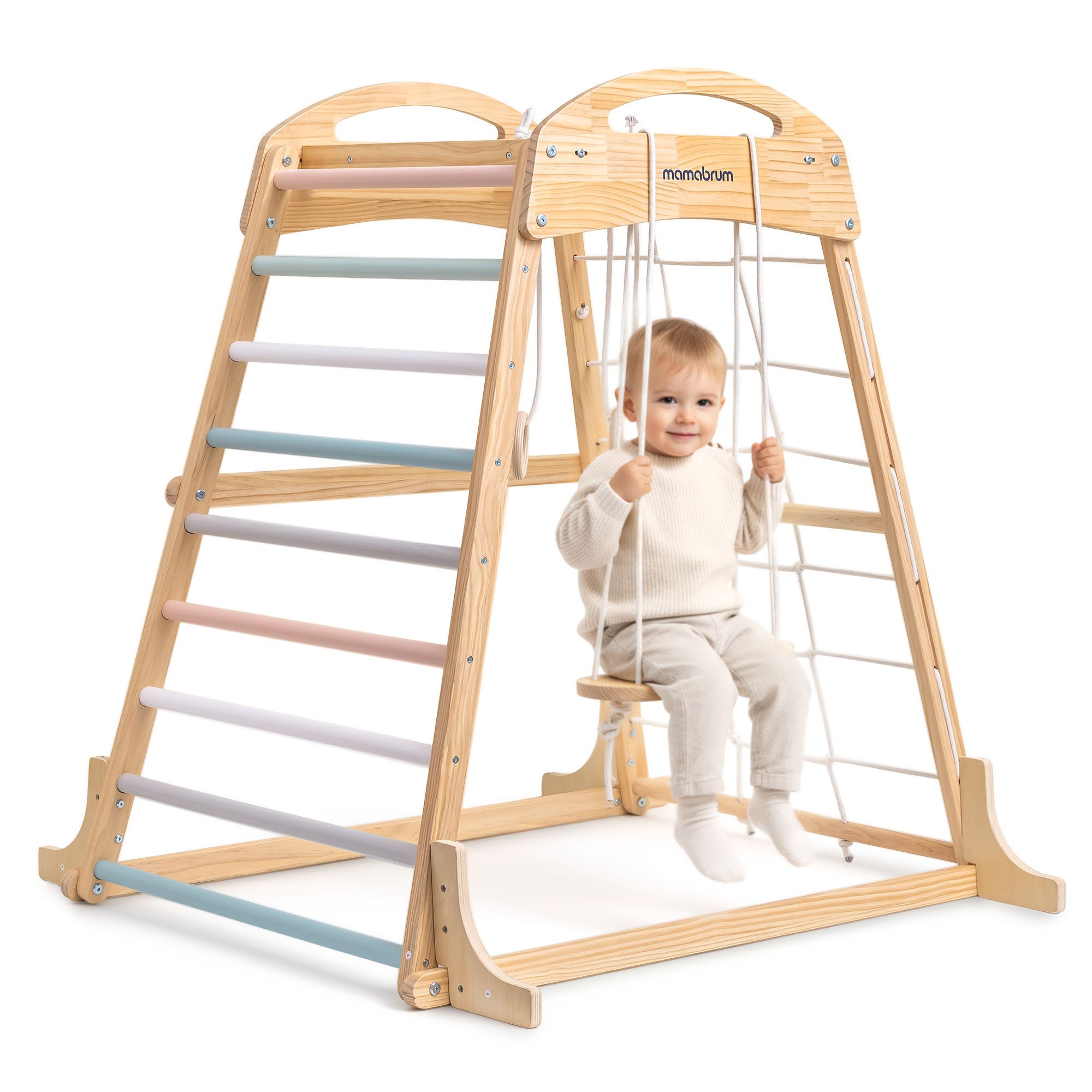 Mamabrum Motorikwürfel Indoor-Holzspielplatz für Kinder – Schaukel, Ringe & Kletternetz