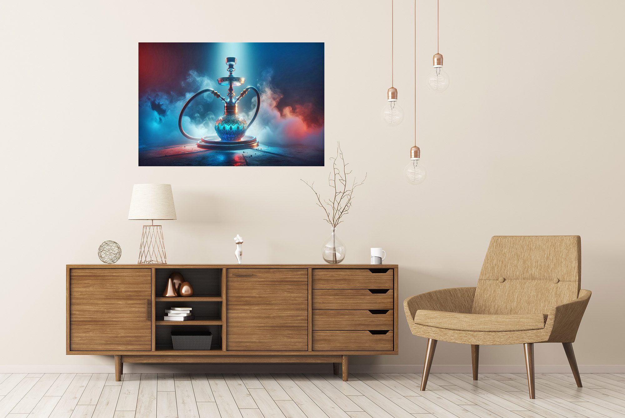 islandburner Poster Geheimnisvolle Shisha mit blauer Glasbasis und mystischem Nebel