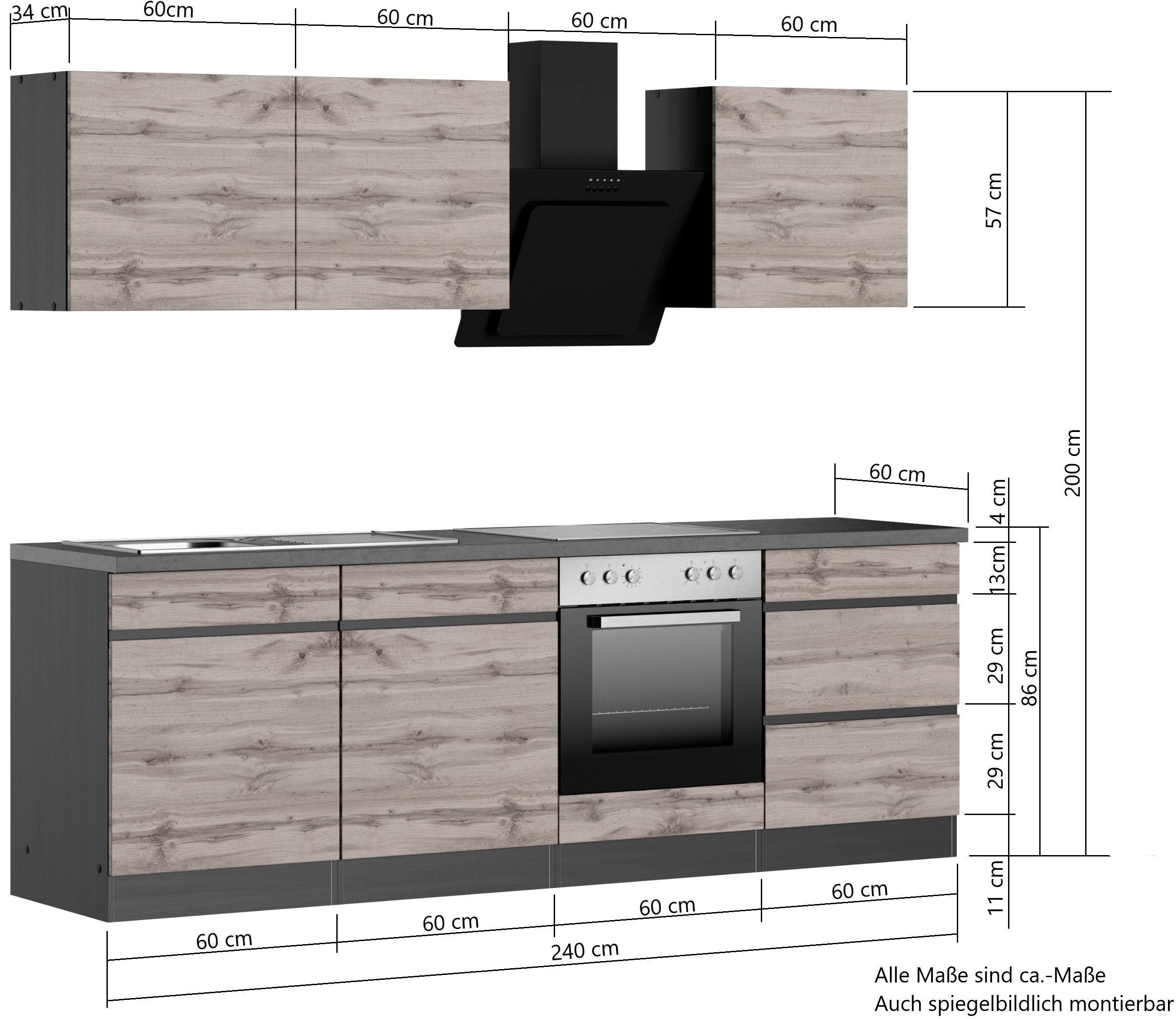KOCHSTATION Küchenzeile KS-Riesa, Stellbreite 240 cm, wahlweise mit oder ohne E-Geräte