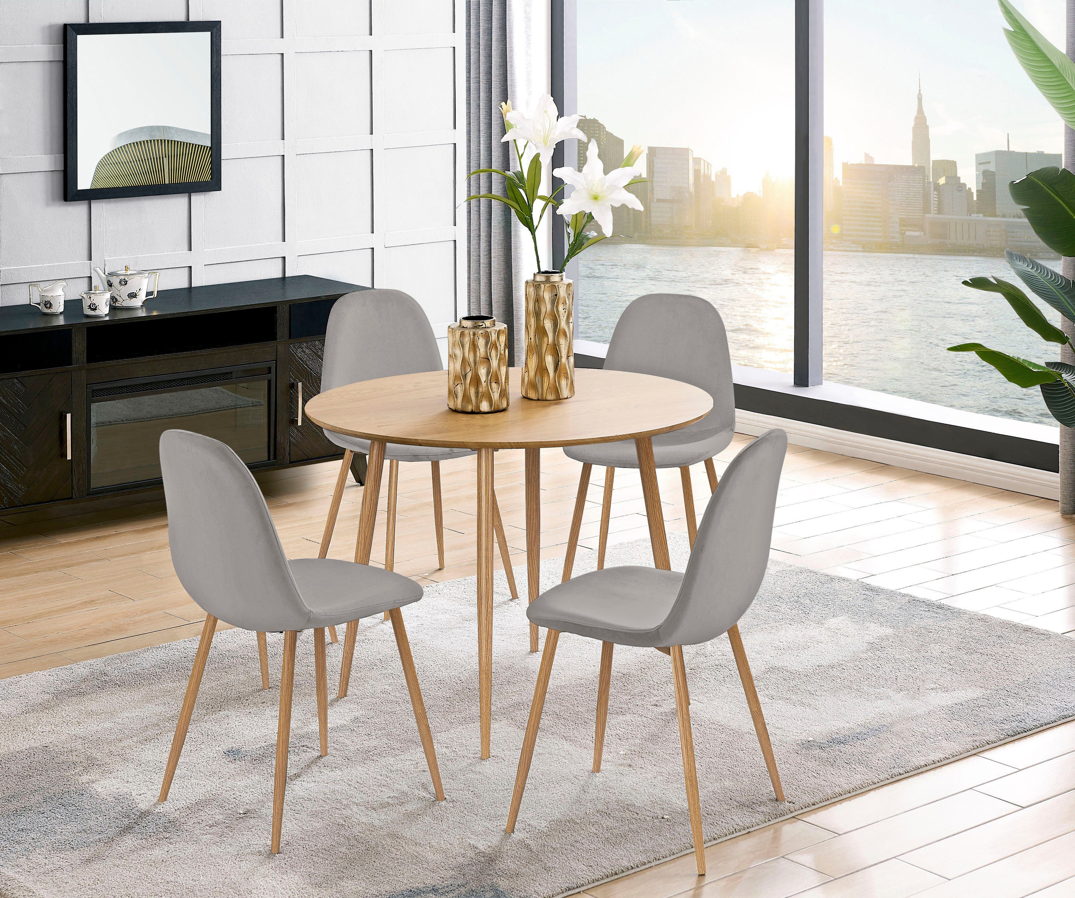 Leonique Essgruppe Eadwine, TOPSELLER! Sitzgruppe Esstisch plus 4 Esszimmerstühle, (Set, 5-tlg., Esstisch plus 4 Esszimmerstühle), Esstisch plus 4 Stühle in verschiedenen Farben