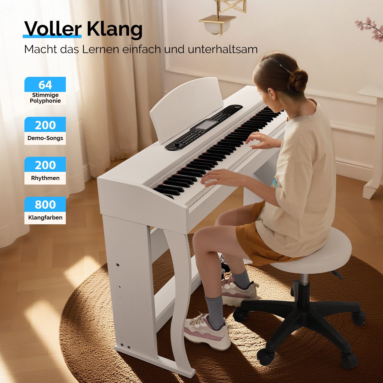VINGLI Digitalpiano GDP-104 E Piano 88 Tasten, vollgewichtete Tastaturen, Dual Bluetooth, Digitalpiano mit Klavierständer, Weiß/Schwarz/Schwarznussbraun – Bild 4 von 5