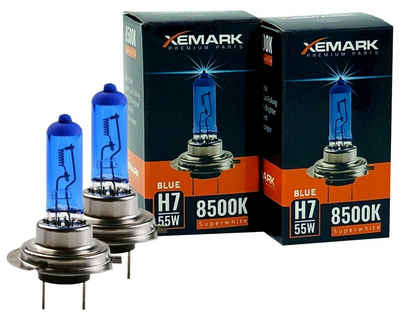 XEMARK KFZ-Ersatzleuchte H7 Blue Halogen, PX26d, 2 St., Weiss, Blue Look, Abblendlicht, Xenon Optik Auto Birne, Lampen Set
